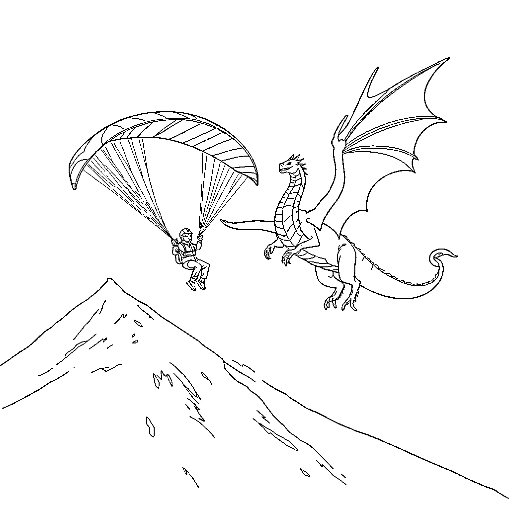 Paraglider soaring with a dragon over the mountains Coloring Page (free black-and-white line drawing printable PDF for all, from beginners to advanced learners, including children, teens, adults, and seniors)