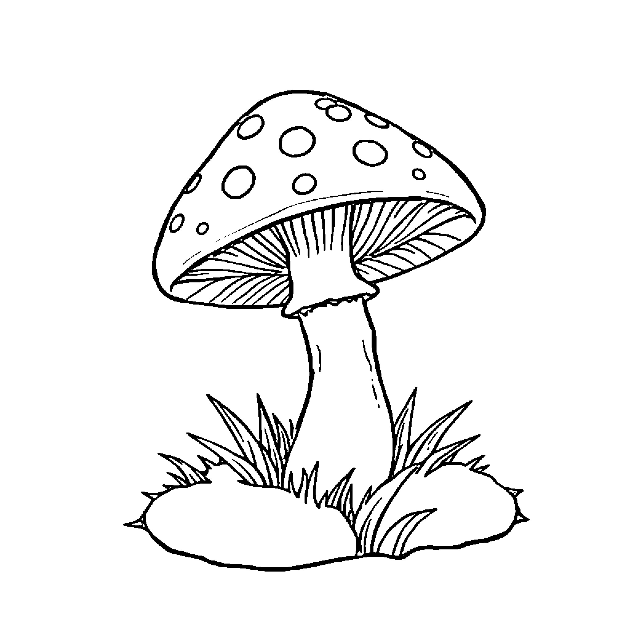 Mushroom growing in the grass Coloring Page (free black-and-white line drawing printable PDF for all, from beginners to advanced learners, including children, teens, adults, and seniors)