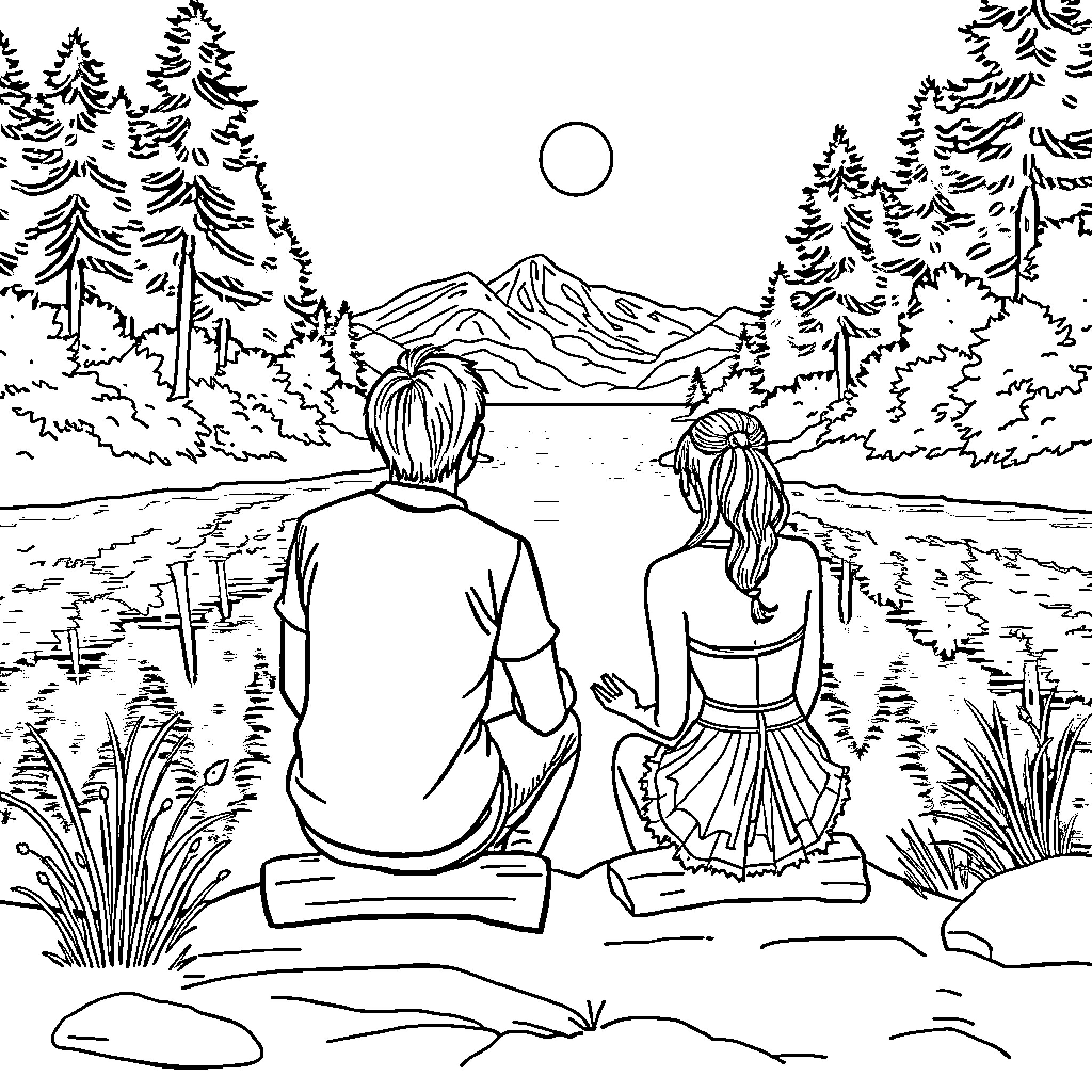 Kai's moment of tranquility in the serene wilderness Coloring Page (free black-and-white line drawing printable PDF for all, from beginners to advanced learners, including children, teens, adults, and seniors)