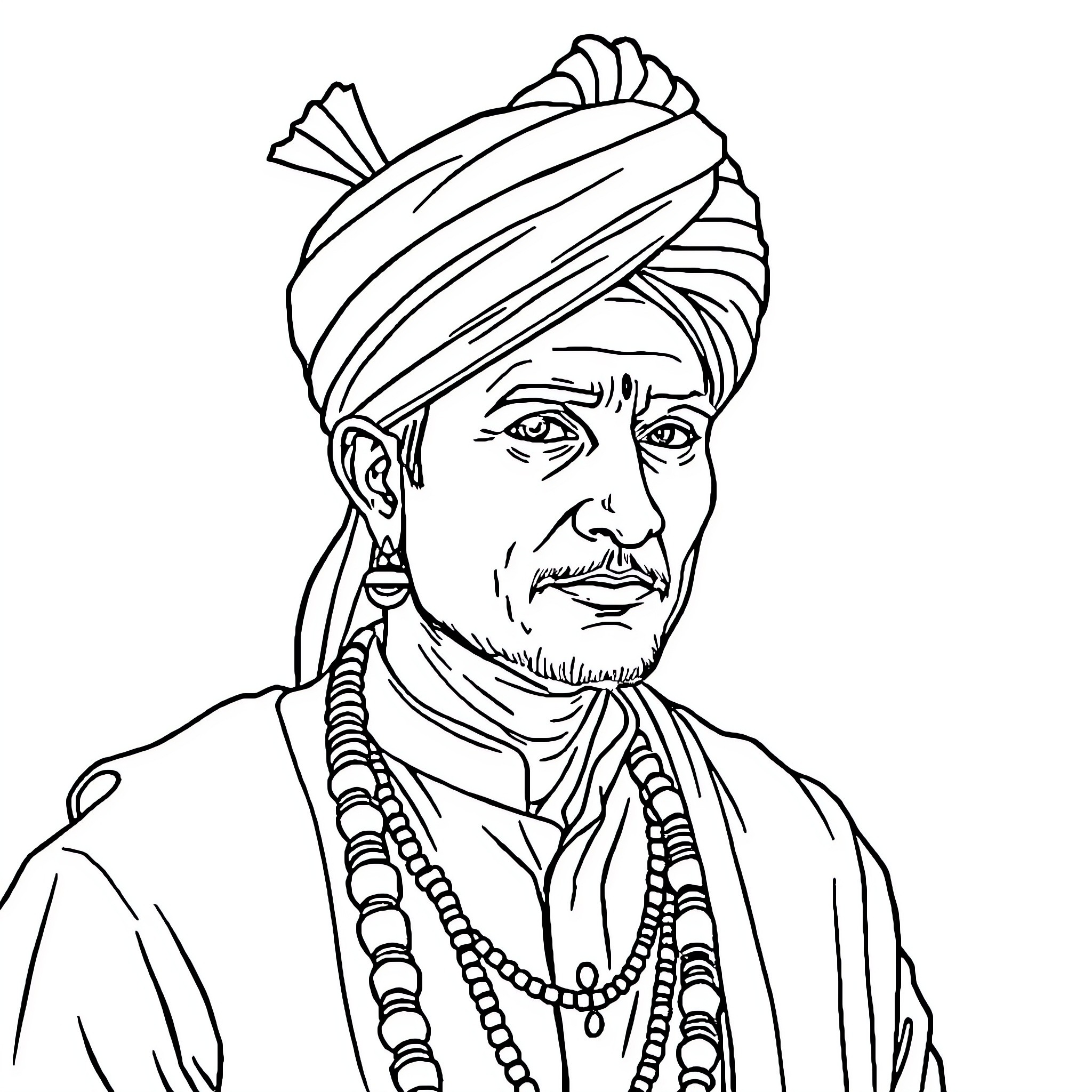 Indian man wearing traditional turban and jewelry Coloring Page (free black-and-white line drawing printable PDF for all, from beginners to advanced learners, including children, teens, adults, and seniors)