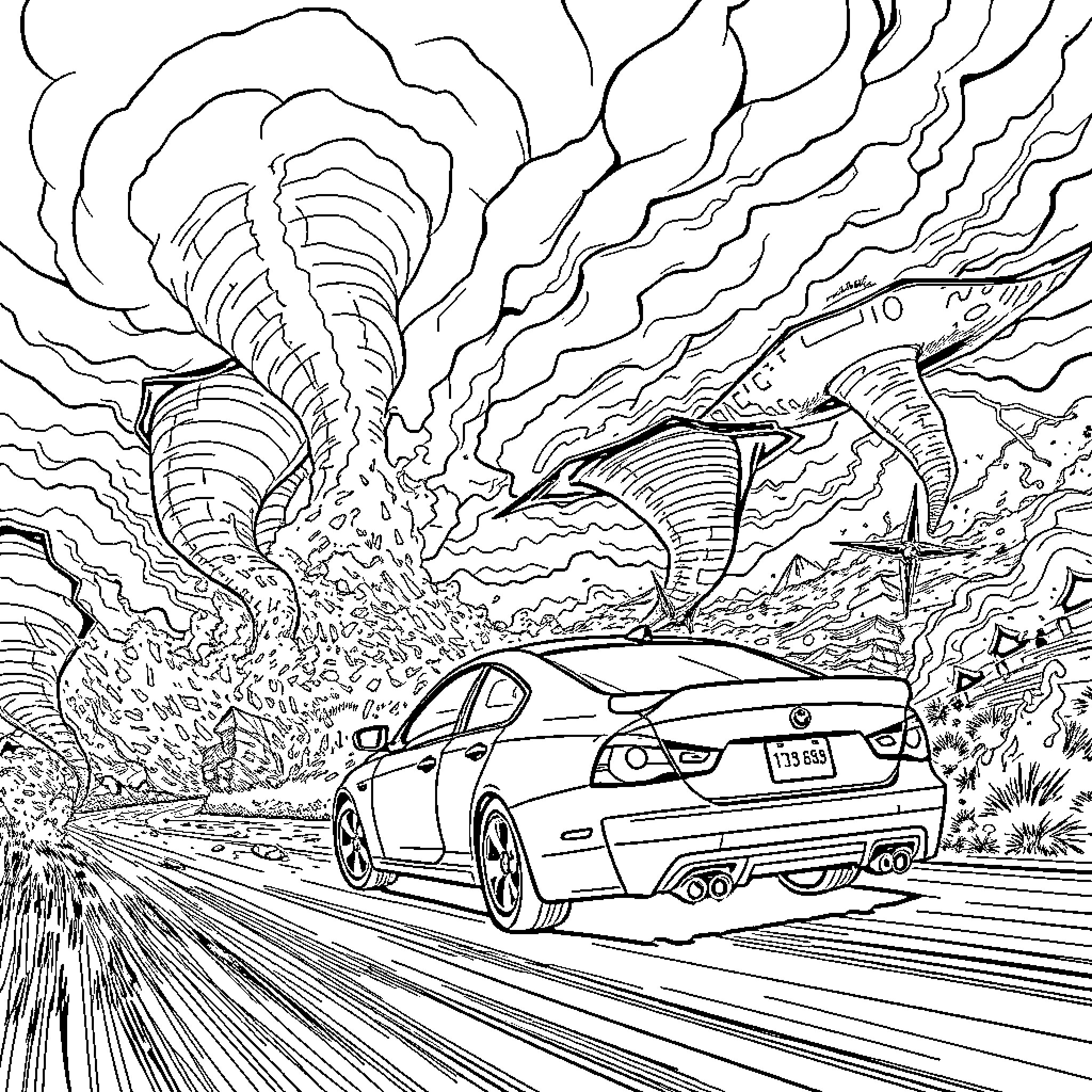 Car racing through a surreal tornado landscape Coloring Page (free black-and-white line drawing printable PDF for all, from beginners to advanced learners, including children, teens, adults, and seniors)