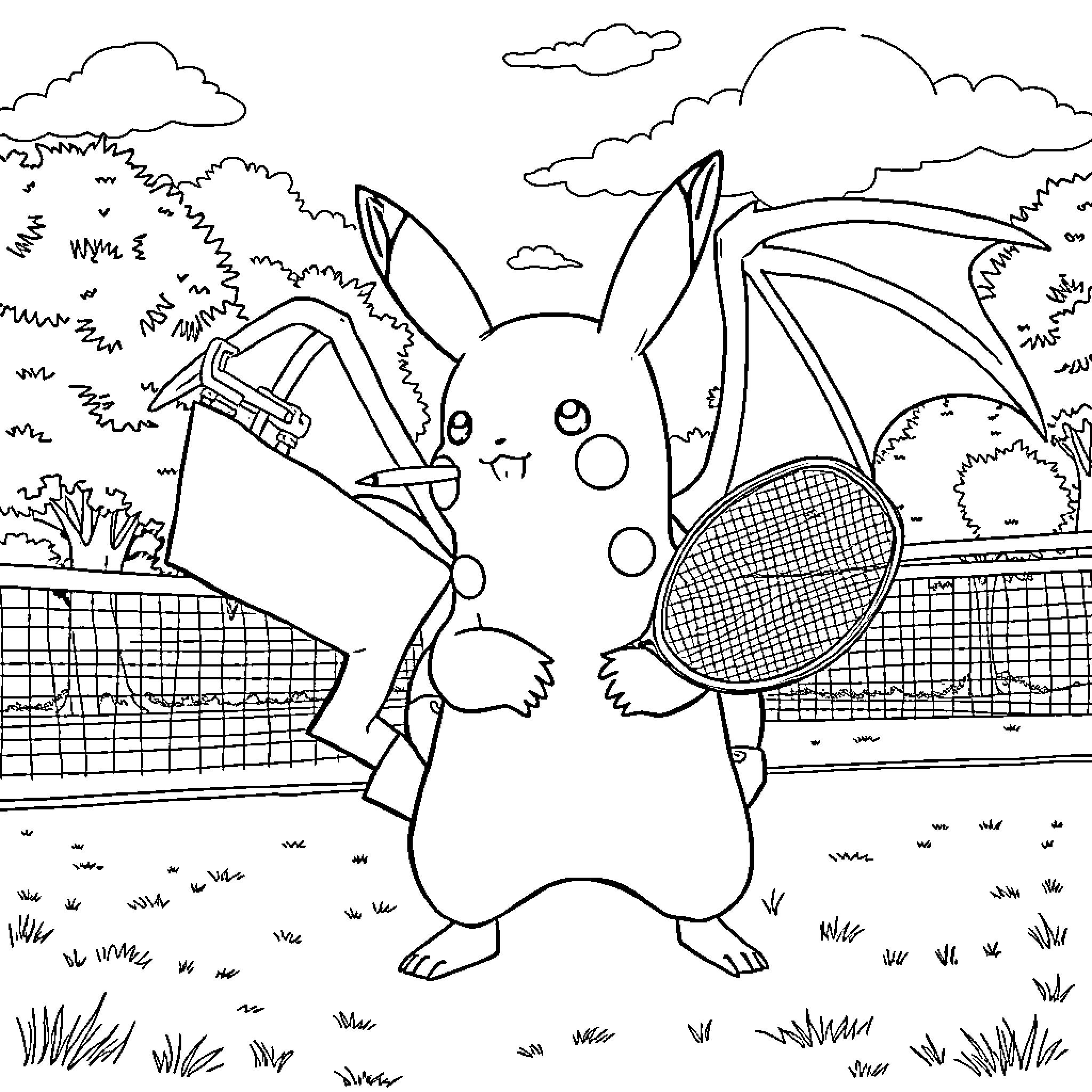 Pikachu playing tennis in a grassy field Coloring Page (free black-and-white line drawing printable PDF for all, from beginners to advanced learners, including children, teens, adults, and seniors)