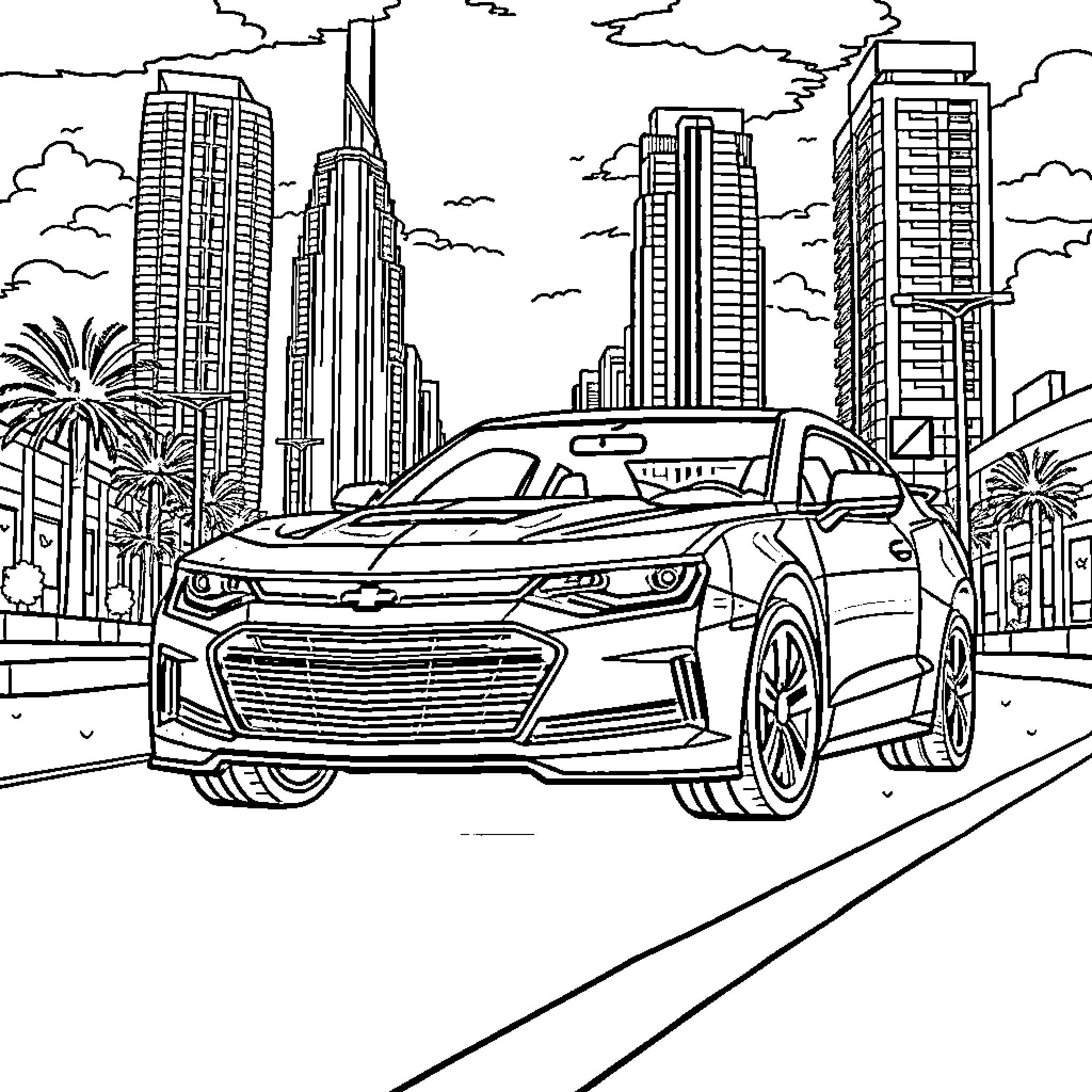 Chevrolet car driving through modern cityscape Coloring Page (free black-and-white line drawing printable PDF for all, from beginners to advanced learners, including children, teens, adults, and seniors)