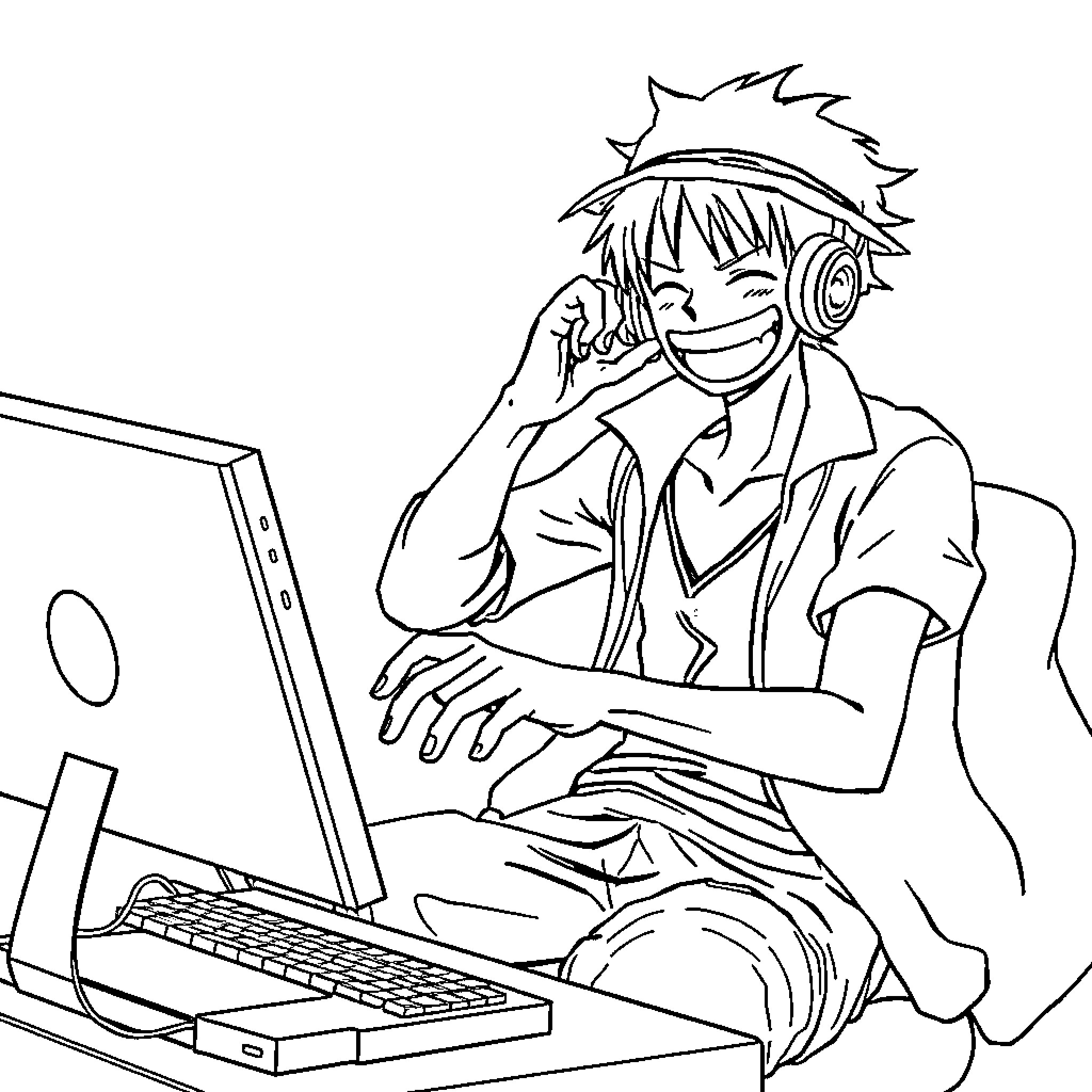 Luffy's Casual Computing Contentment Coloring Page (free black-and-white line drawing printable PDF for all, from beginners to advanced learners, including children, teens, adults, and seniors)