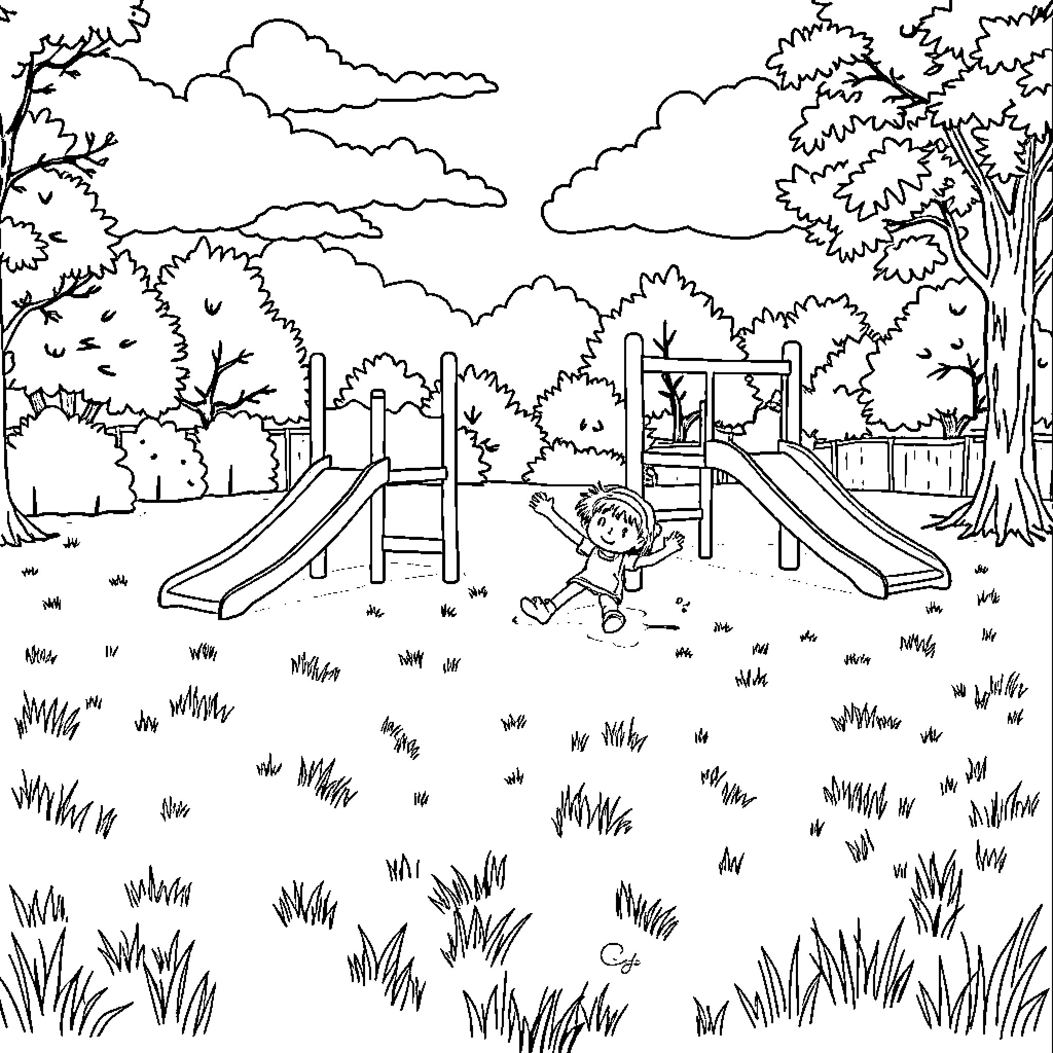 Fall Fun on the Playground Coloring Page (free black-and-white line drawing printable PDF for all, from beginners to advanced learners, including children, teens, adults, and seniors)