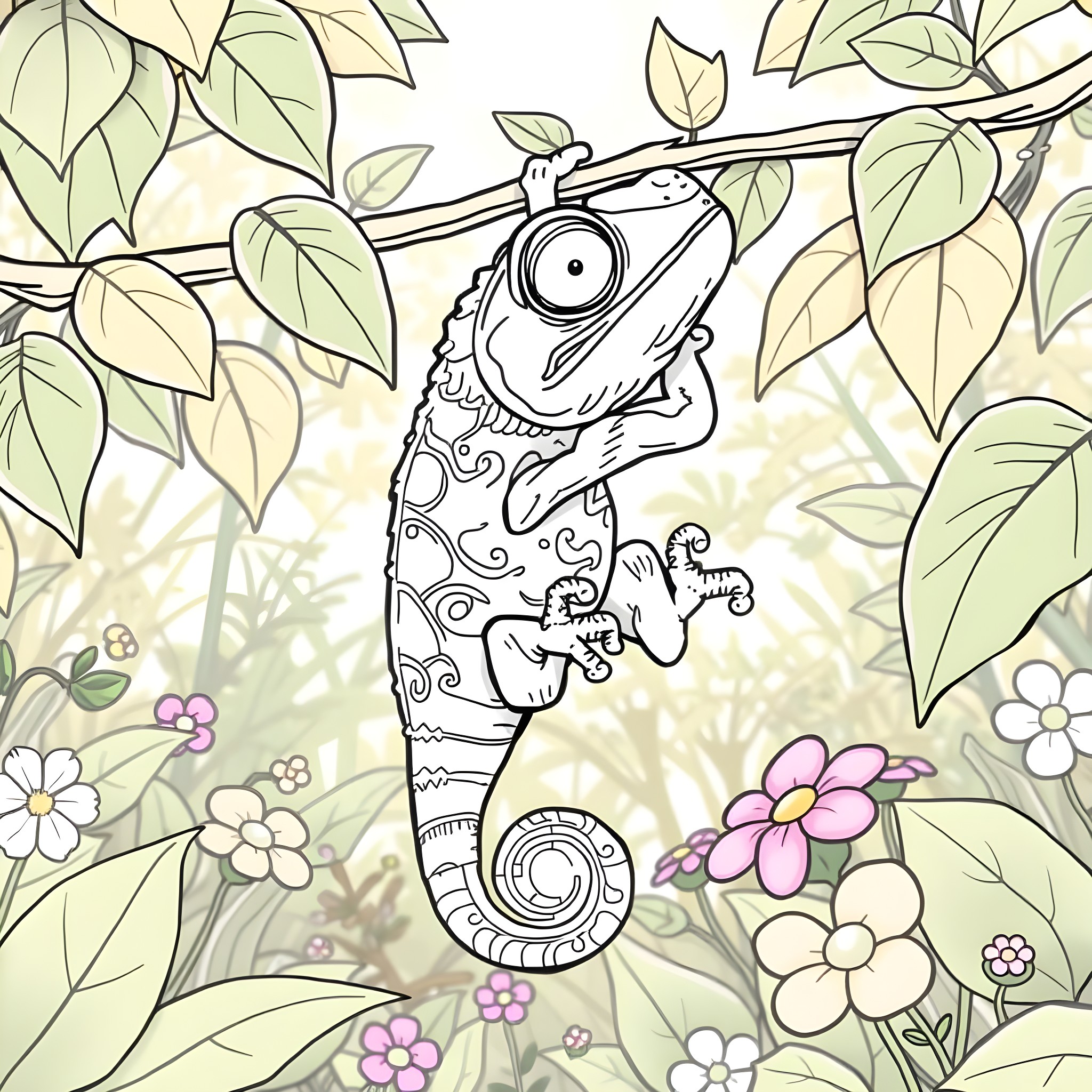 Pascal's Playful Exploration in the Floral Oasis Coloring Page (free black-and-white line drawing printable PDF for all, from beginners to advanced learners, including children, teens, adults, and seniors)