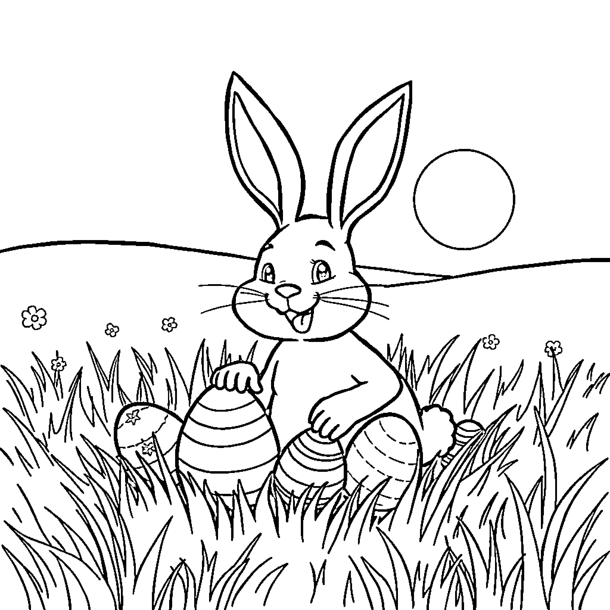 Bunny enjoying spring day with eggs Coloring Page (free black-and-white line drawing printable PDF for all, from beginners to advanced learners, including children, teens, adults, and seniors)