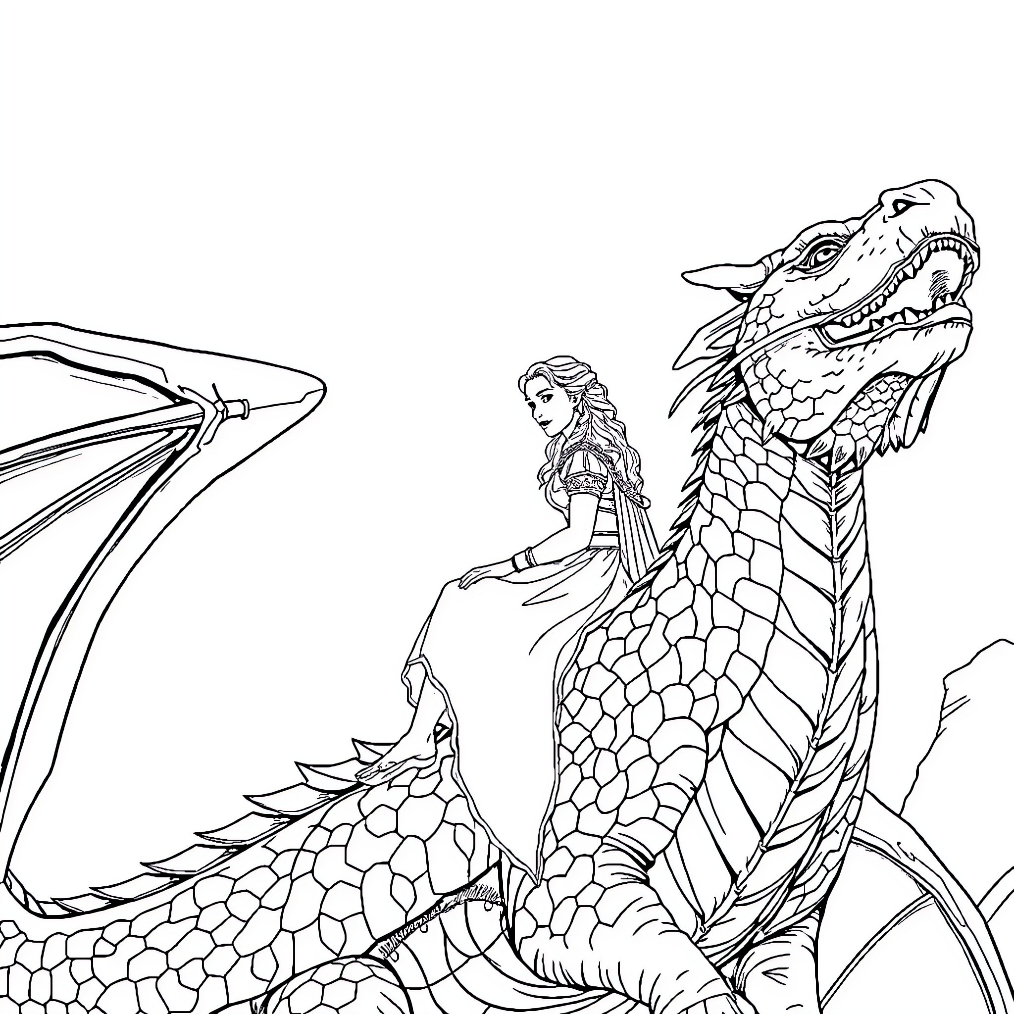 Daenerys riding her dragon through the skies Coloring Page (free black-and-white line drawing printable PDF for all, from beginners to advanced learners, including children, teens, adults, and seniors)