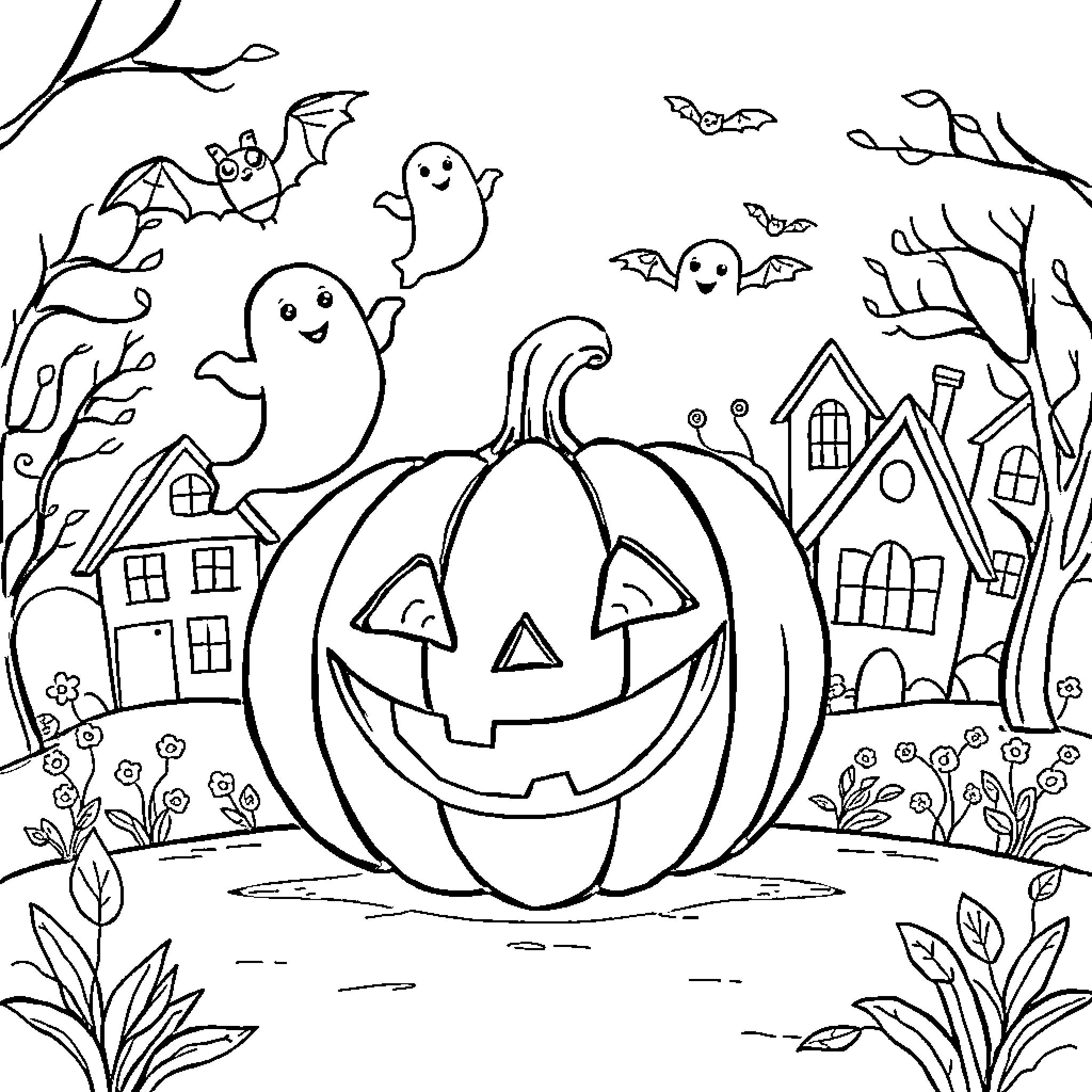 Pumpkin Jack-o'-lantern and playful ghosts in haunted neighborhood Coloring Page (free black-and-white line drawing printable PDF for all, from beginners to advanced learners, including children, teens, adults, and seniors)