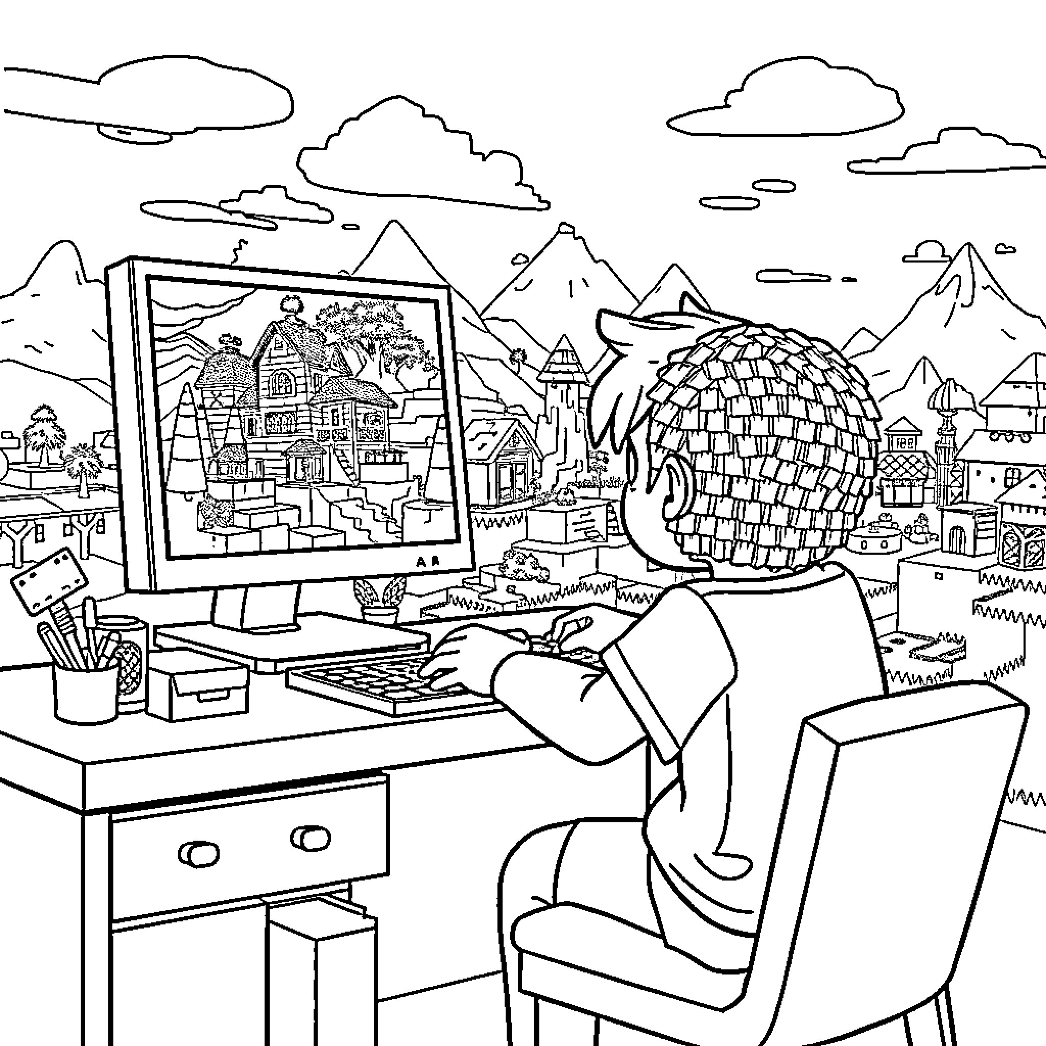 Labubu's Colorful Imagination on the Computer Coloring Page (free black-and-white line drawing printable PDF for all, from beginners to advanced learners, including children, teens, adults, and seniors)