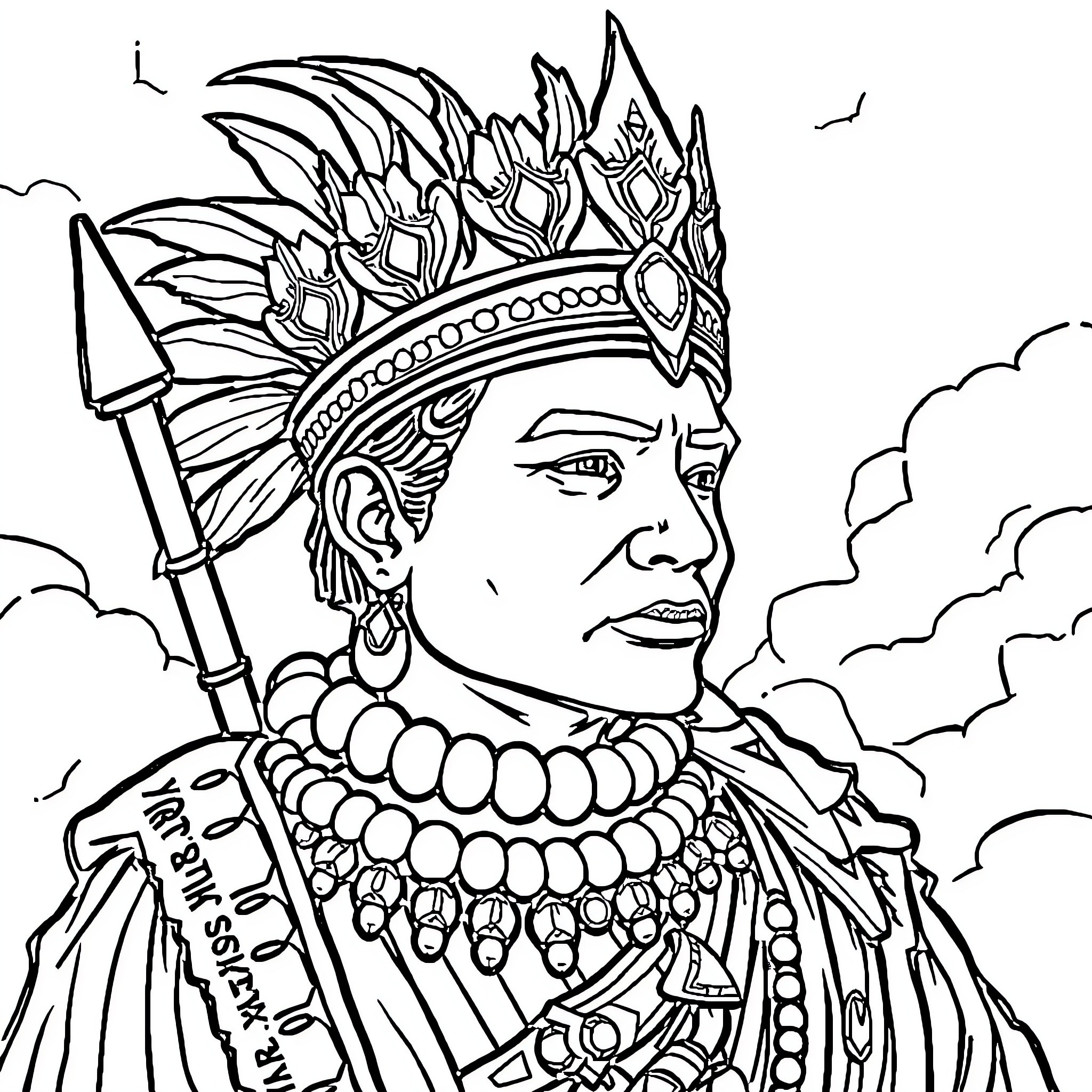 Pahlawan of the Tribal Warrior in Ceremonial Dress Coloring Page (free black-and-white line drawing printable PDF for all, from beginners to advanced learners, including children, teens, adults, and seniors)
