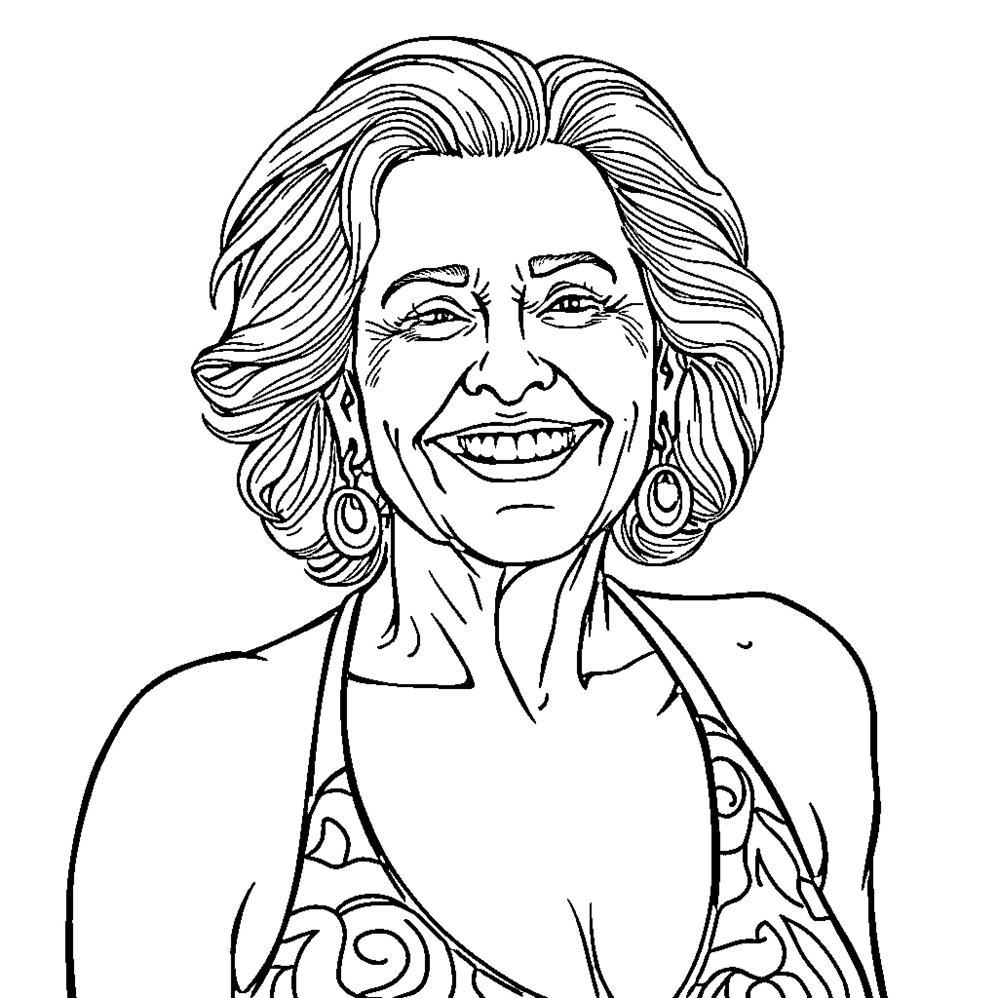 Lady with Cheerful Expression and Ornate Attire Coloring Page (free black-and-white line drawing printable PDF for all, from beginners to advanced learners, including children, teens, adults, and seniors)