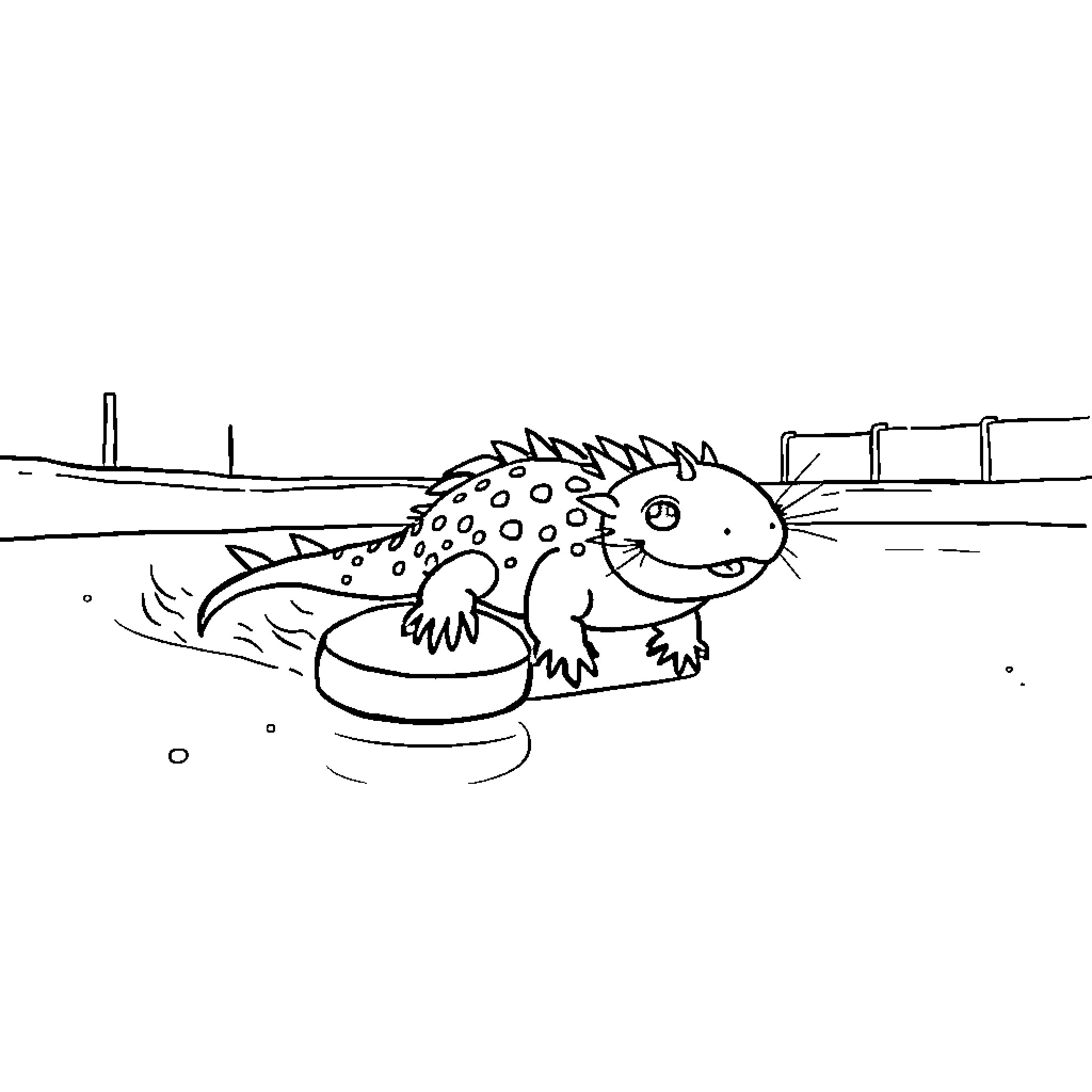 Axolotl swimming in water with floats Coloring Page (free black-and-white line drawing printable PDF for all, from beginners to advanced learners, including children, teens, adults, and seniors)