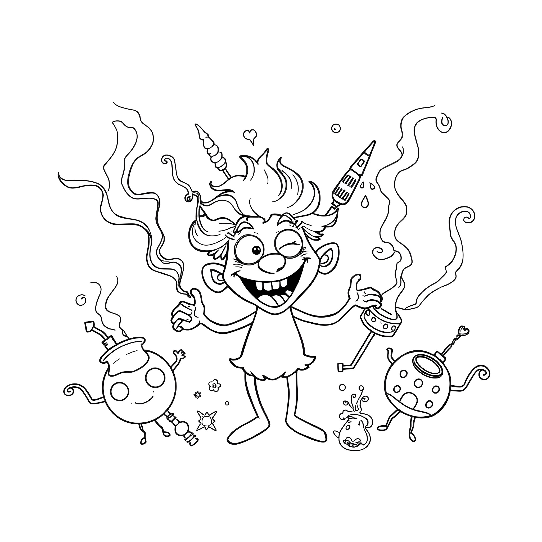 Dankest Quirky Creature Chaos Cartoon Coloring Page (free black-and-white line drawing printable PDF for all, from beginners to advanced learners, including children, teens, adults, and seniors)