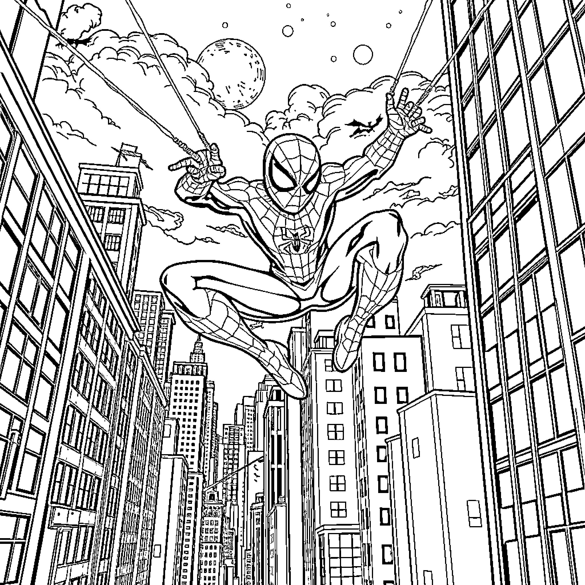 Spiderman swinging through the city skyline Coloring Page (free black-and-white line drawing printable PDF for all, from beginners to advanced learners, including children, teens, adults, and seniors)