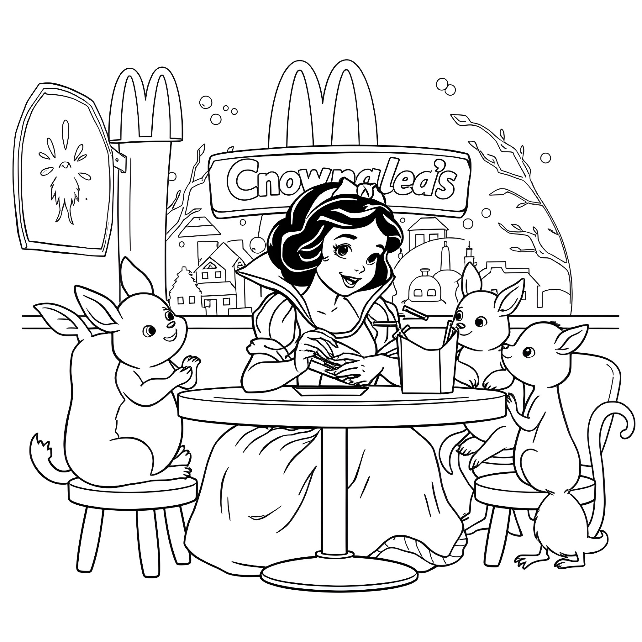 Snow White Enjoys a Meal with Forest Friends Coloring Page (free black-and-white line drawing printable PDF for all, from beginners to advanced learners, including children, teens, adults, and seniors)