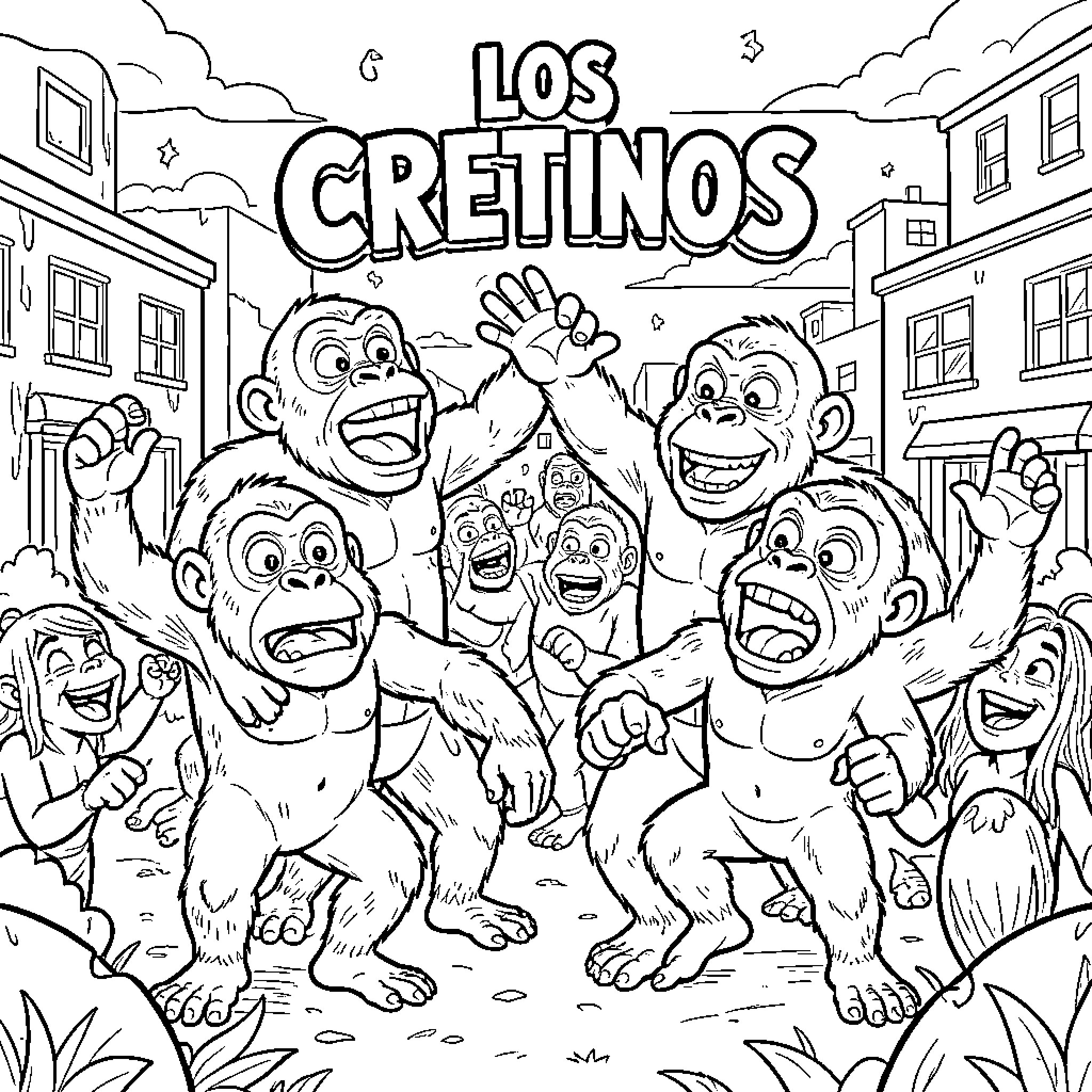 Chimpas celebrating joyfully together in a town street Coloring Page (free black-and-white line drawing printable PDF for all, from beginners to advanced learners, including children, teens, adults, and seniors)