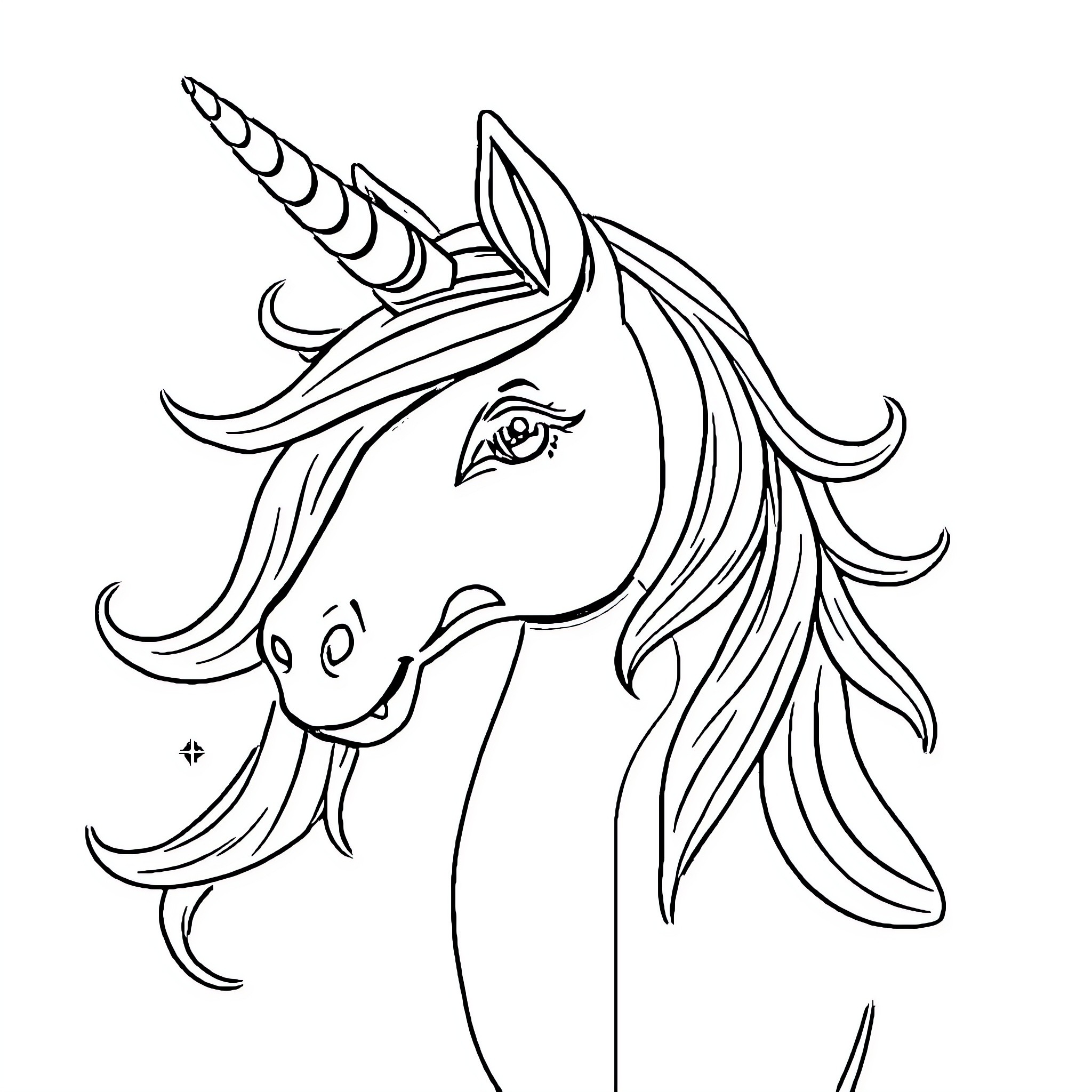 Unicorn with flowing mane and horn Coloring Page (free black-and-white line drawing printable PDF for all, from beginners to advanced learners, including children, teens, adults, and seniors)