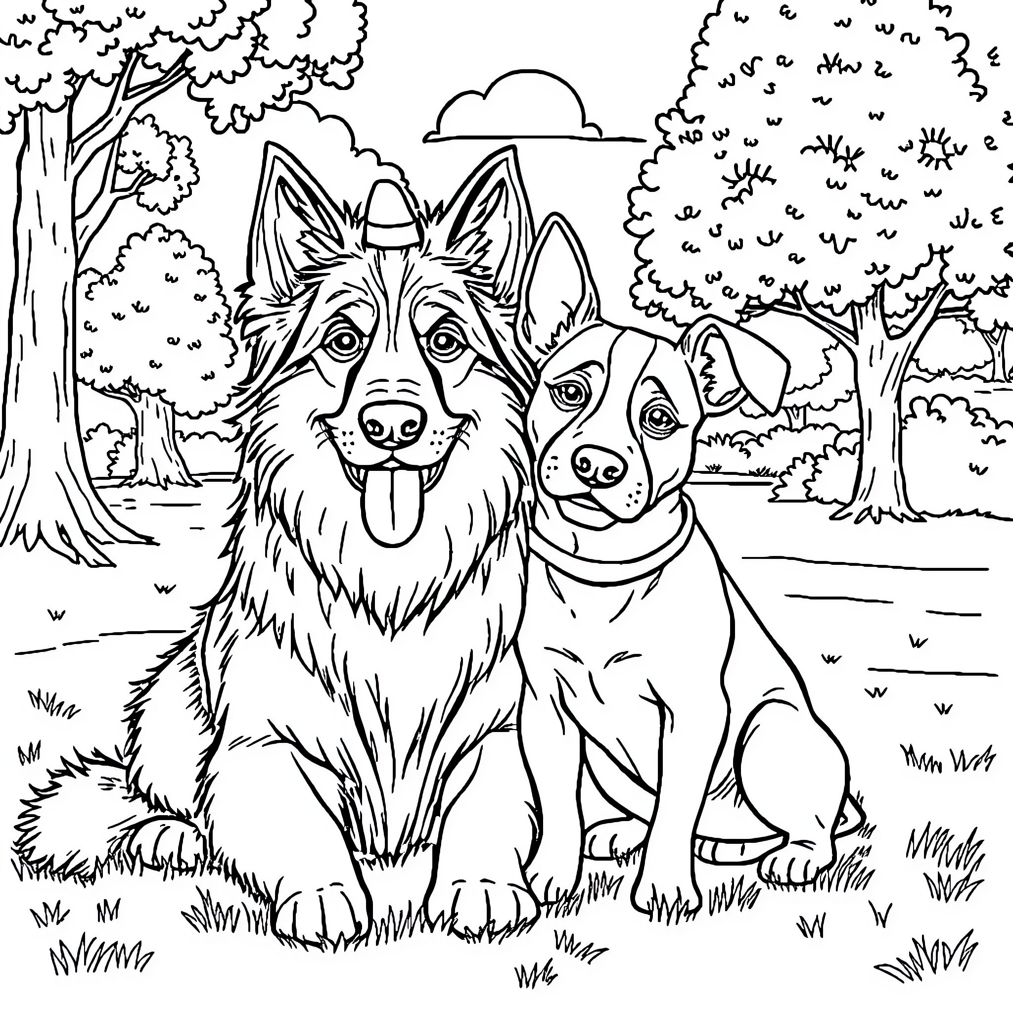 Dog friends playing happily in the forest Coloring Page (free black-and-white line drawing printable PDF for all, from beginners to advanced learners, including children, teens, adults, and seniors)