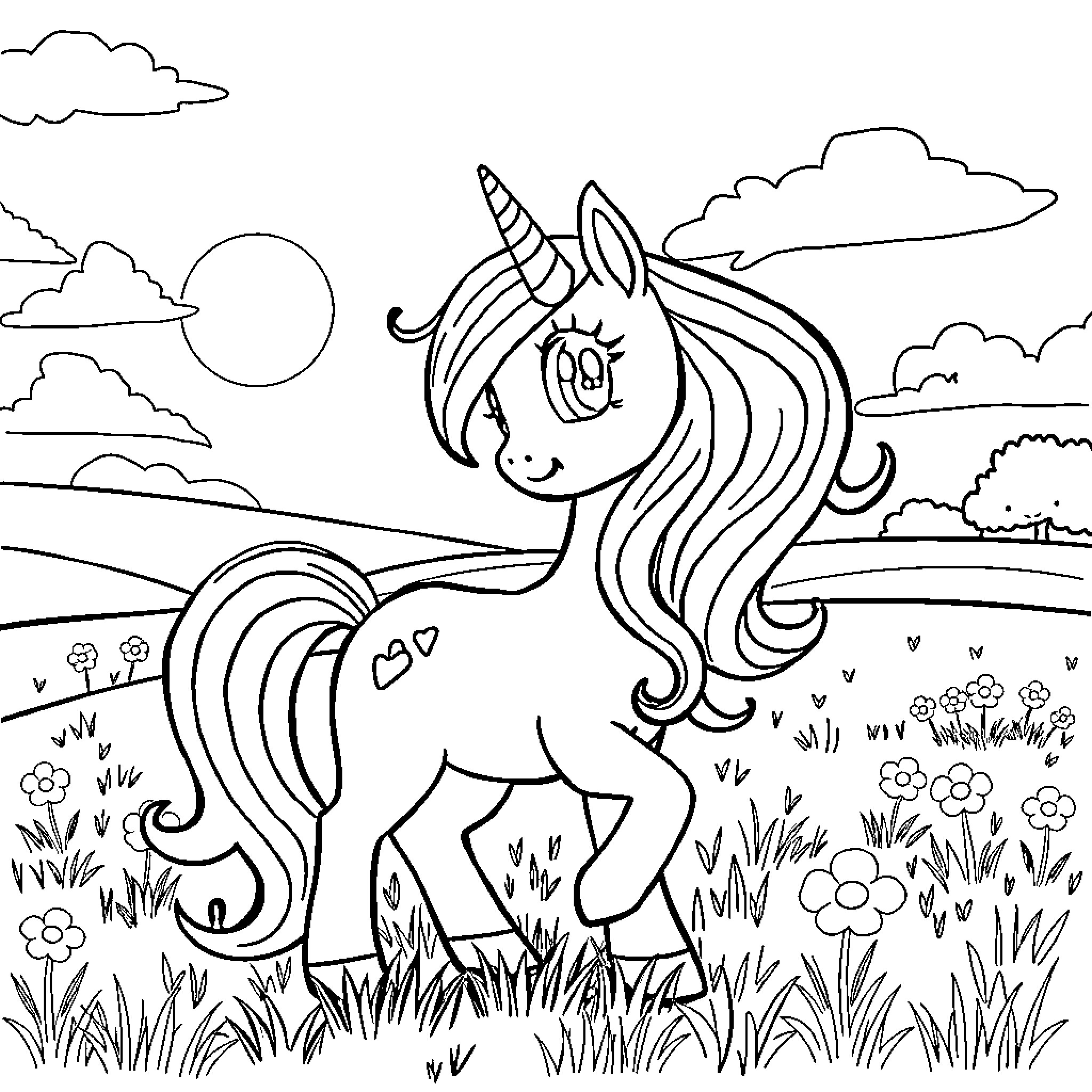 Unicorn frolicking in a magical meadow Coloring Page (free black-and-white line drawing printable PDF for all, from beginners to advanced learners, including children, teens, adults, and seniors)