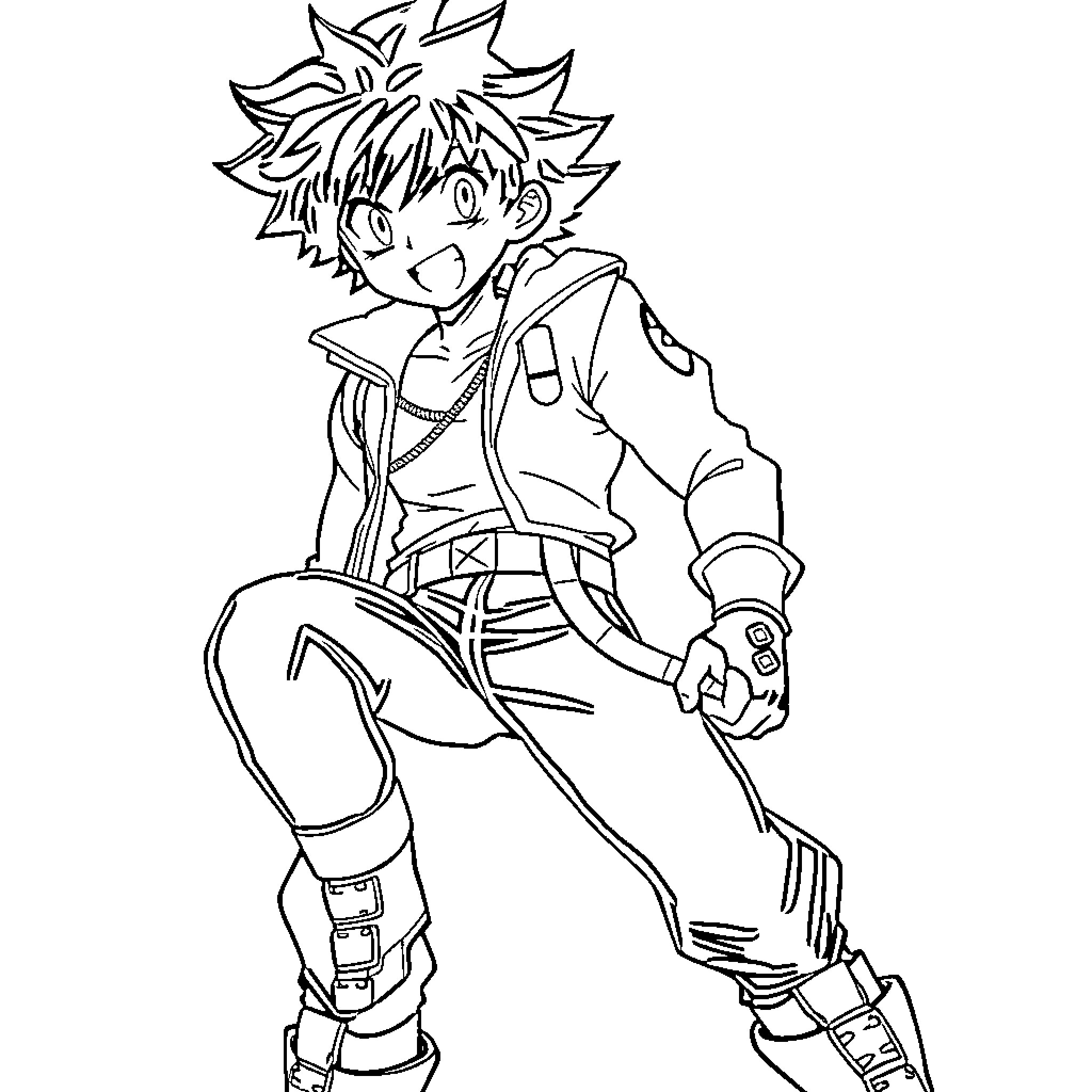 Izuku in action-packed heroic pose Coloring Page (free black-and-white line drawing printable PDF for all, from beginners to advanced learners, including children, teens, adults, and seniors)