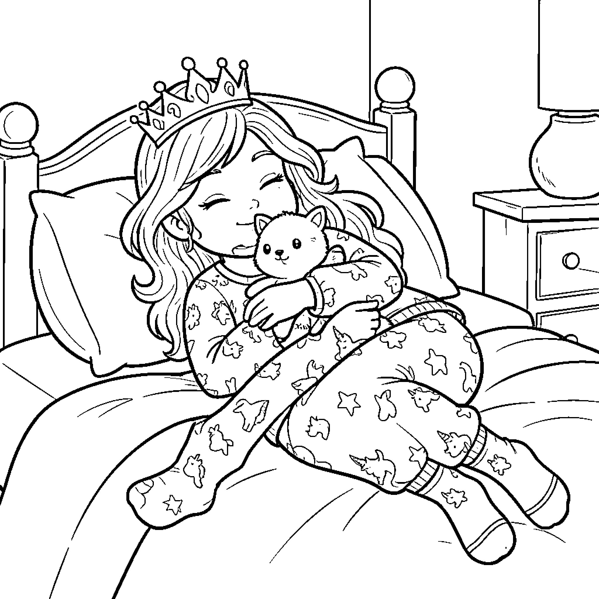 Princess hugging a cute kitten while resting in bed Coloring Page (free black-and-white line drawing printable PDF for all, from beginners to advanced learners, including children, teens, adults, and seniors)