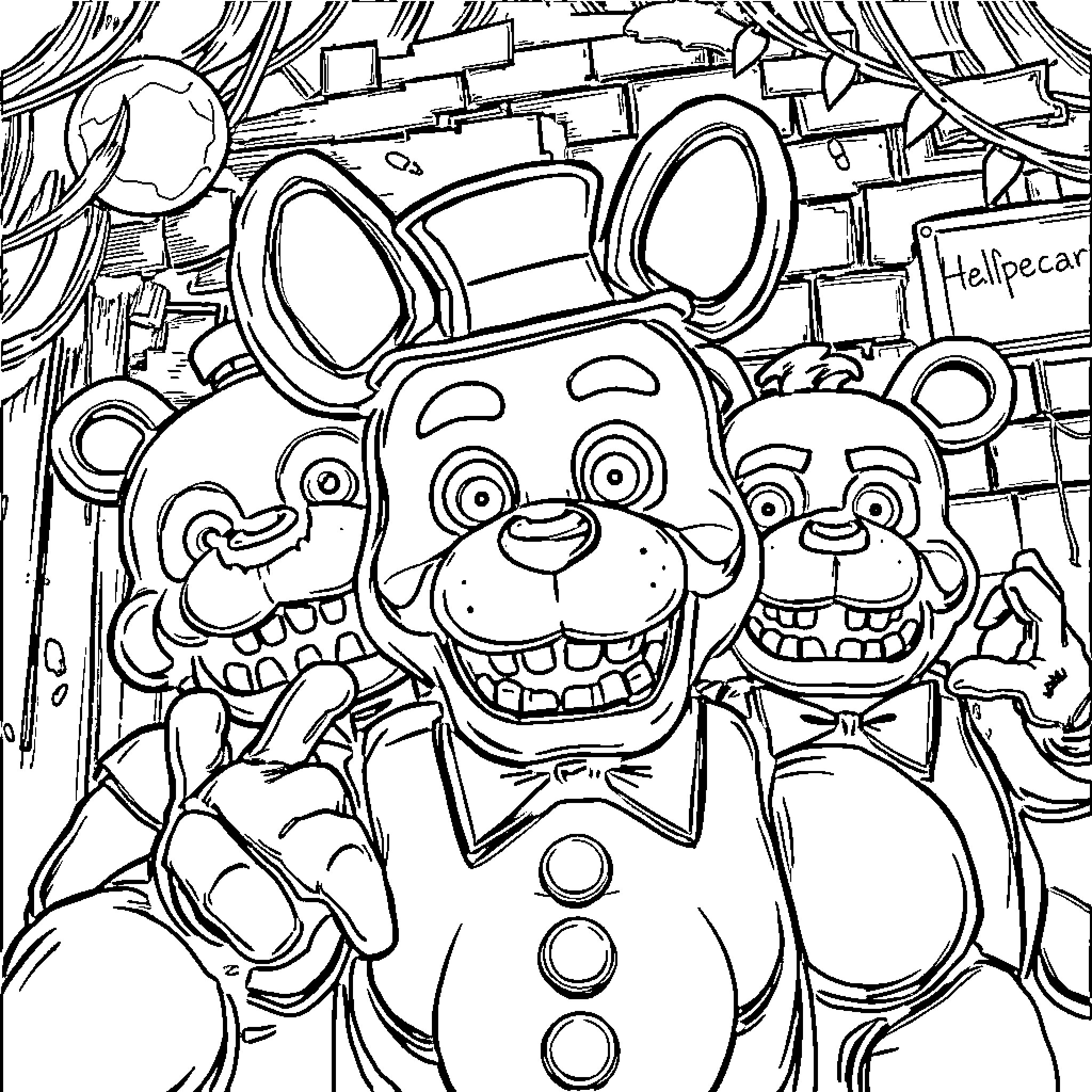 Freddy's Spooky Showtime: Animatronic Friends Grinning Coloring Page (free black-and-white line drawing printable PDF for all, from beginners to advanced learners, including children, teens, adults, and seniors)