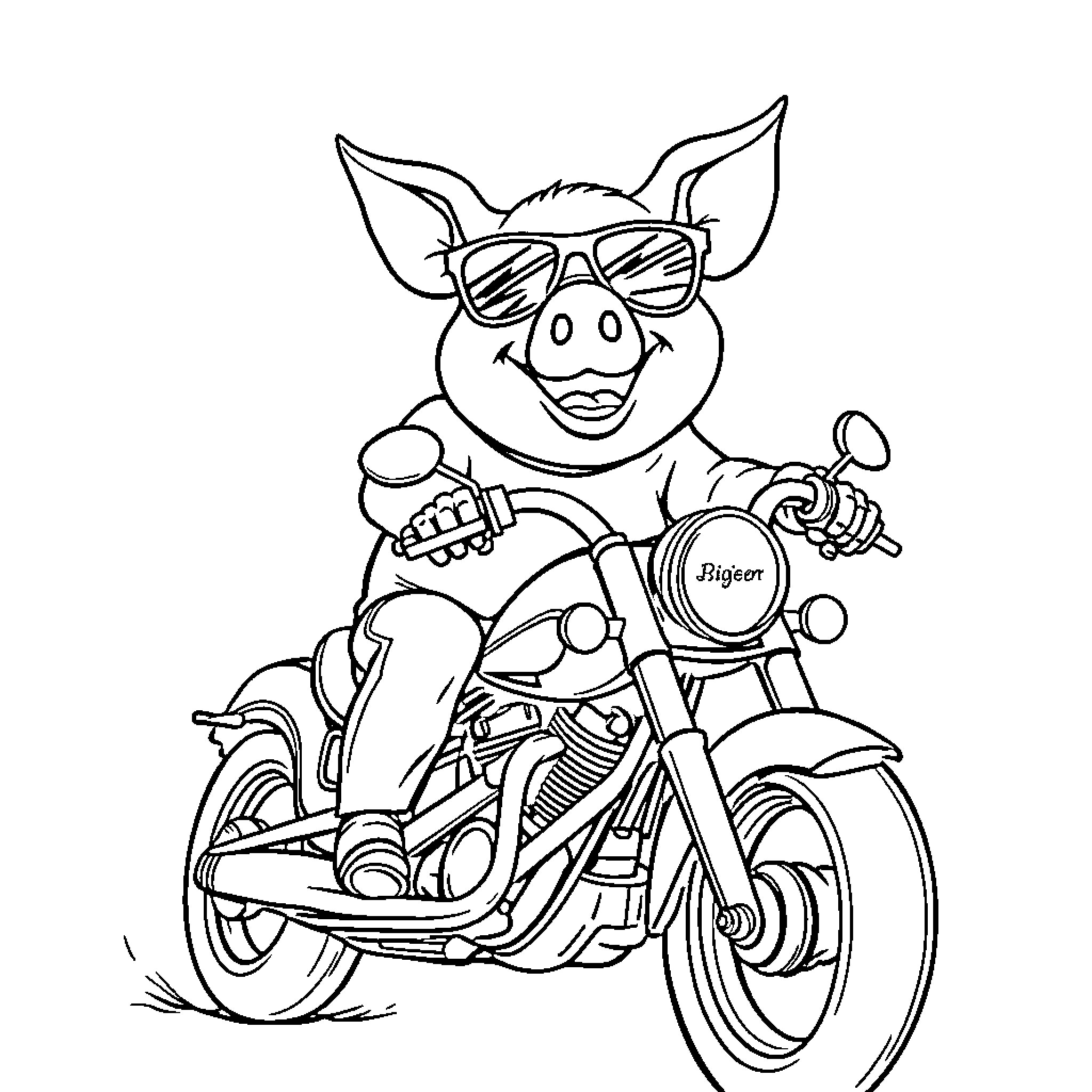 Pig riding a motorcycle in style Coloring Page (free black-and-white line drawing printable PDF for all, from beginners to advanced learners, including children, teens, adults, and seniors)