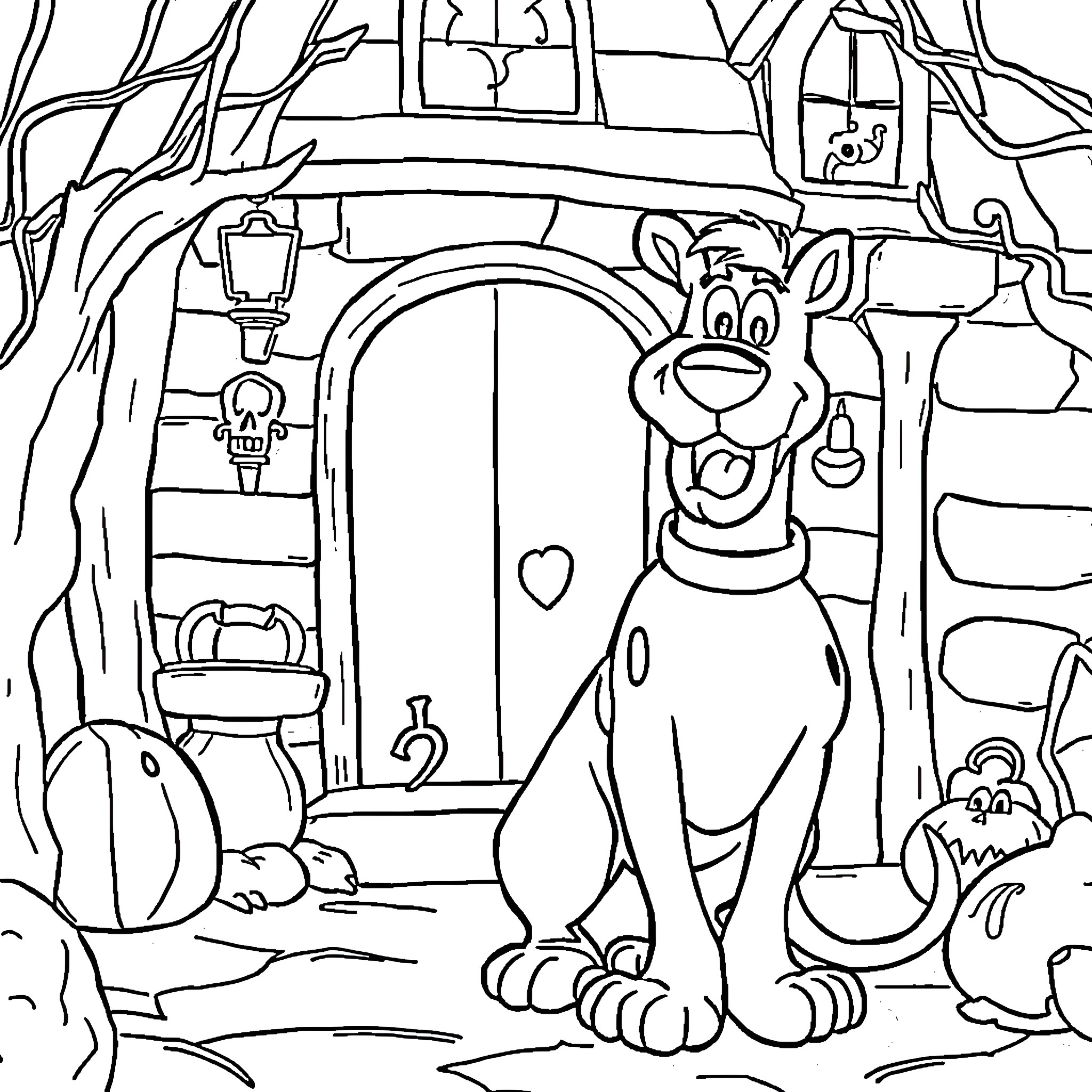 Scooby Doo's Spooky Haunted House Adventure Coloring Page (free black-and-white line drawing printable PDF for all, from beginners to advanced learners, including children, teens, adults, and seniors)