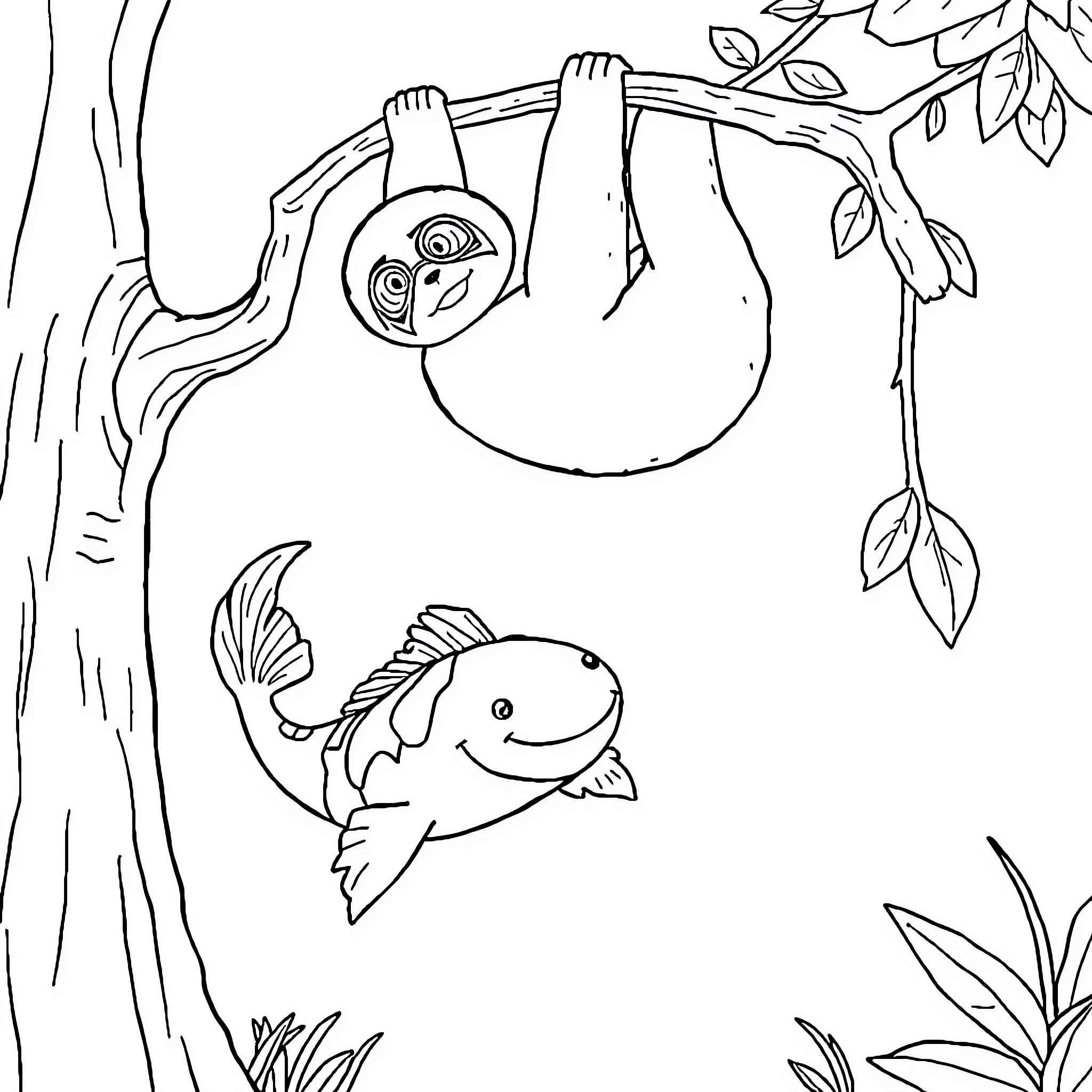 Axolotl hanging upside down and fish swimming below Coloring Page (free black-and-white line drawing printable PDF for all, from beginners to advanced learners, including children, teens, adults, and seniors)