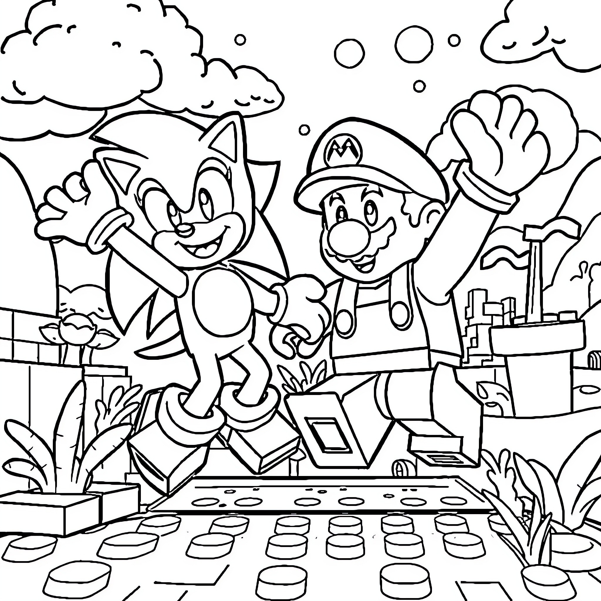 Lego Mario and Sonic in Friendly Playful Adventure Coloring Page (free black-and-white line drawing printable PDF for all, from beginners to advanced learners, including children, teens, adults, and seniors)