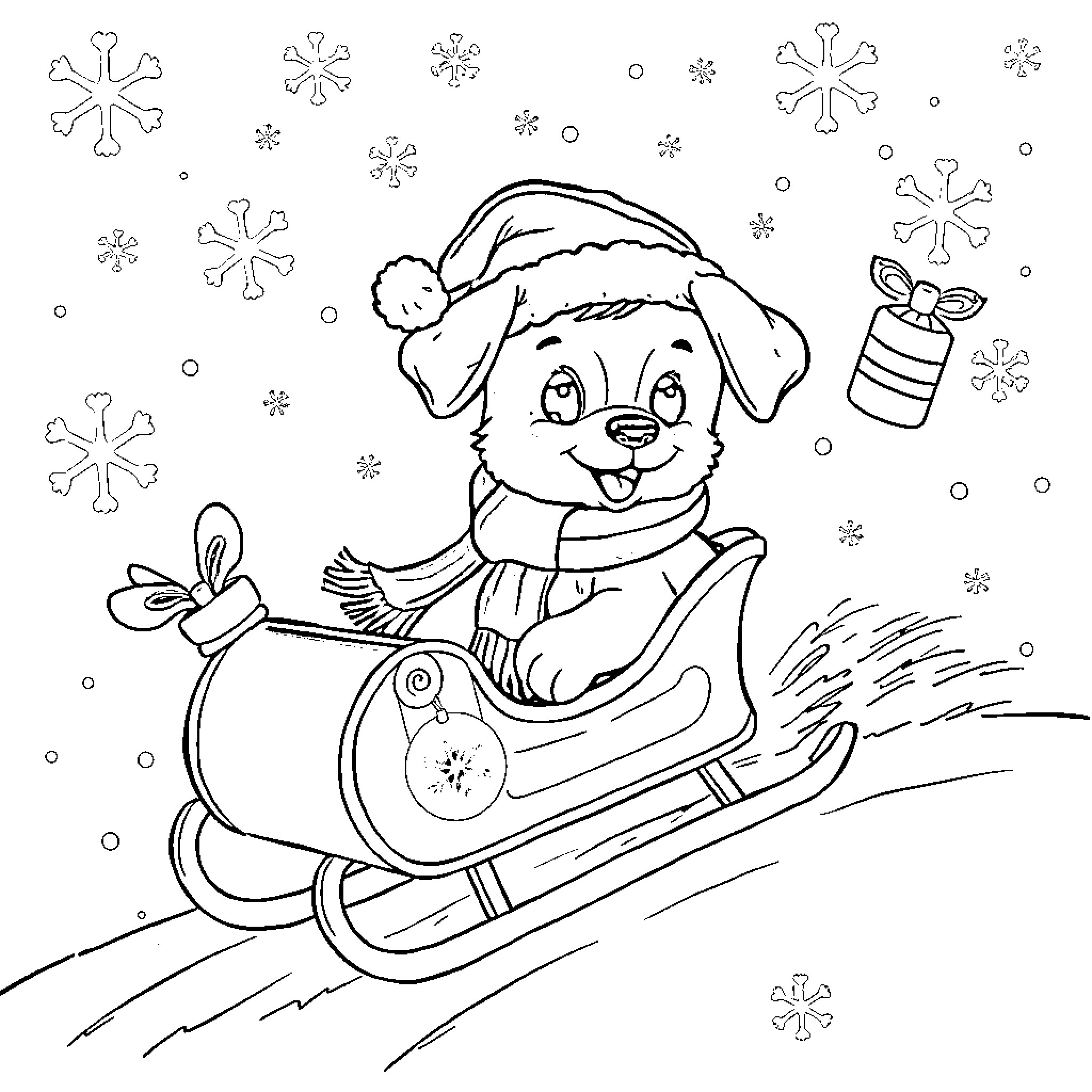 Puppy riding a sled in the snow with Christmas decorations Coloring Page (free black-and-white line drawing printable PDF for all, from beginners to advanced learners, including children, teens, adults, and seniors)