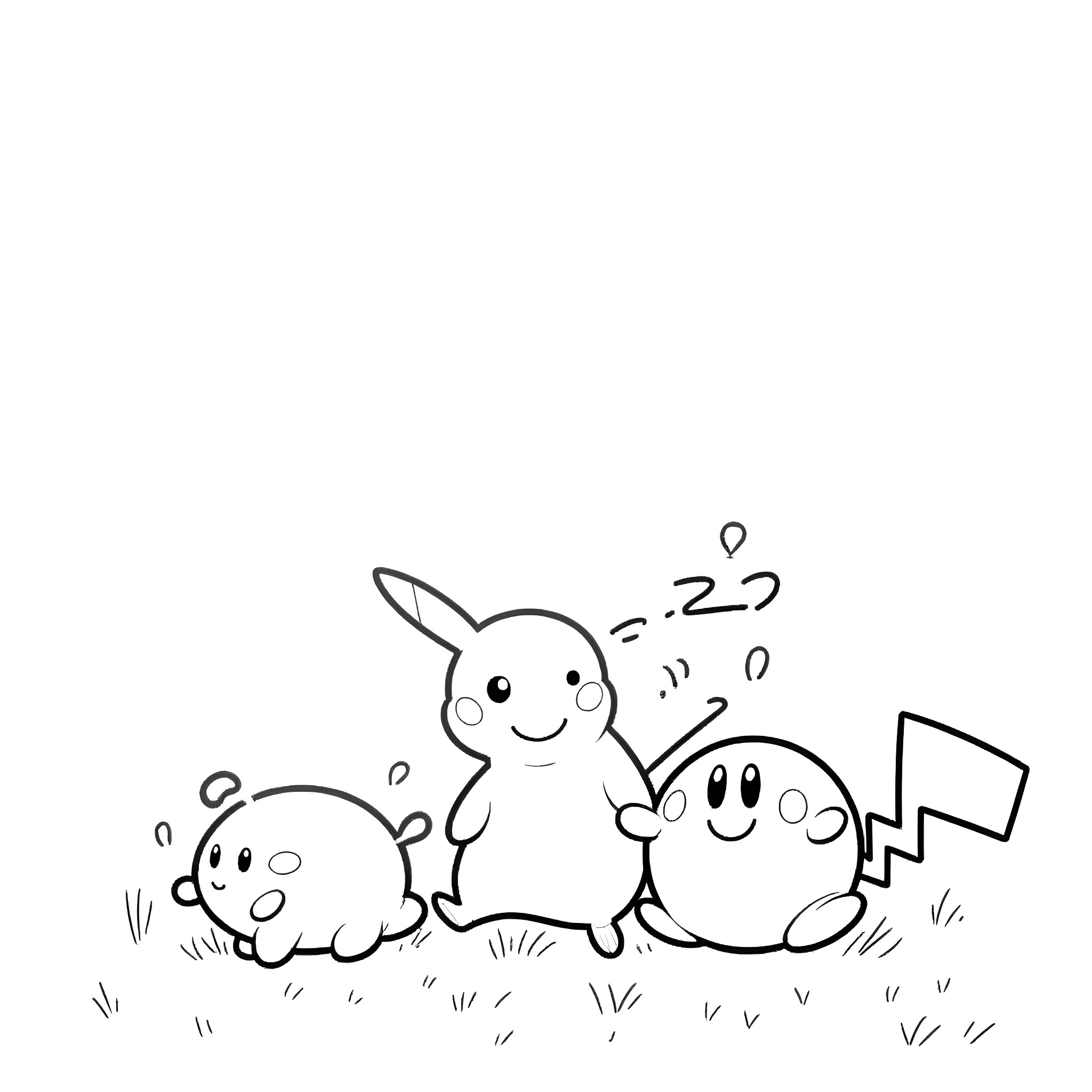 Pikachu playing with cute Pokemon friends Coloring Page (free black-and-white line drawing printable PDF for all, from beginners to advanced learners, including children, teens, adults, and seniors)
