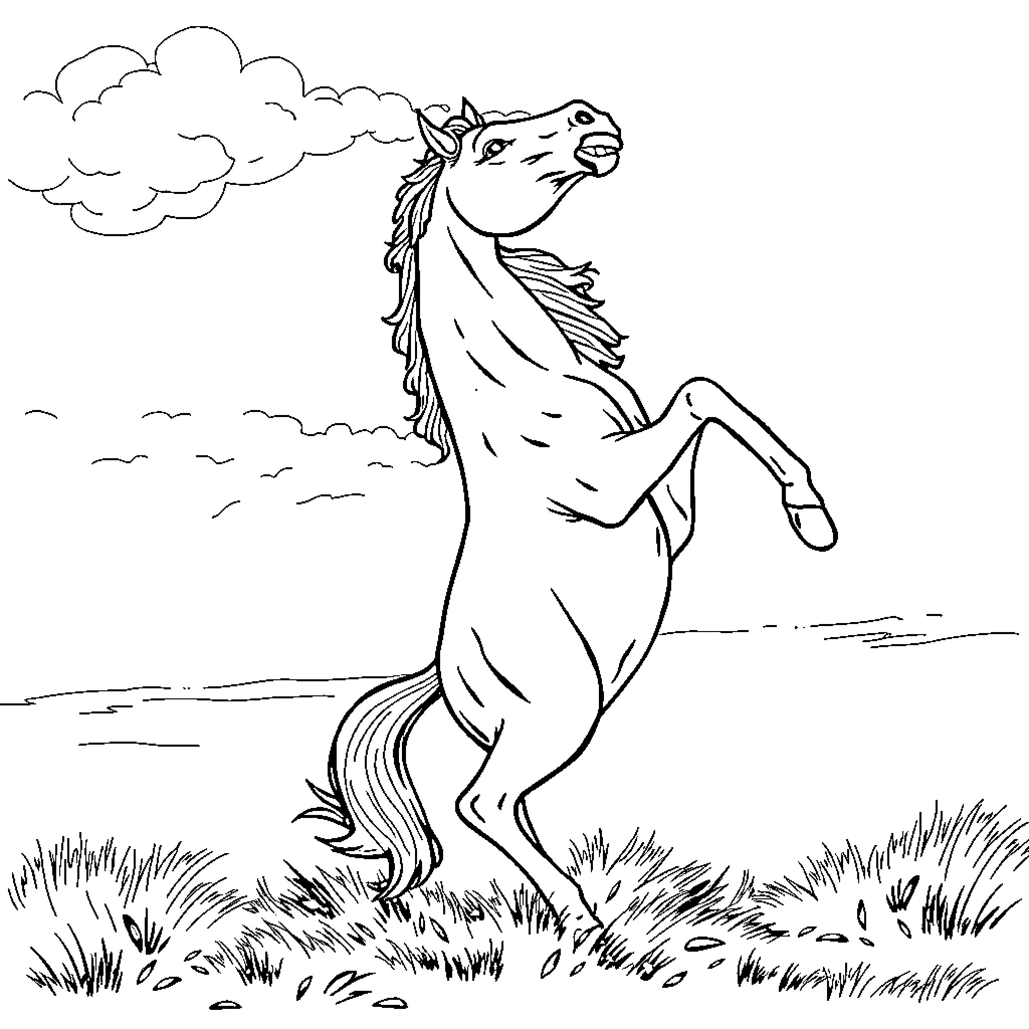 Horse rearing up in a grassy field Coloring Page (free black-and-white line drawing printable PDF for all, from beginners to advanced learners, including children, teens, adults, and seniors)