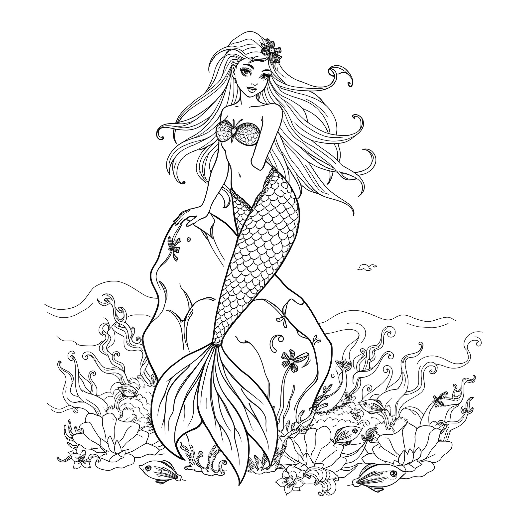 Mermaid embracing marine life in the ocean Coloring Page (free black-and-white line drawing printable PDF for all, from beginners to advanced learners, including children, teens, adults, and seniors)