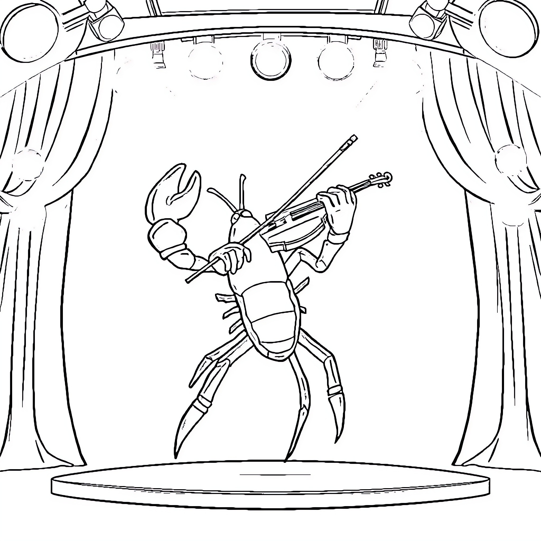 Lobster Performing on Stage Coloring Page (free black-and-white line drawing printable PDF for all, from beginners to advanced learners, including children, teens, adults, and seniors)