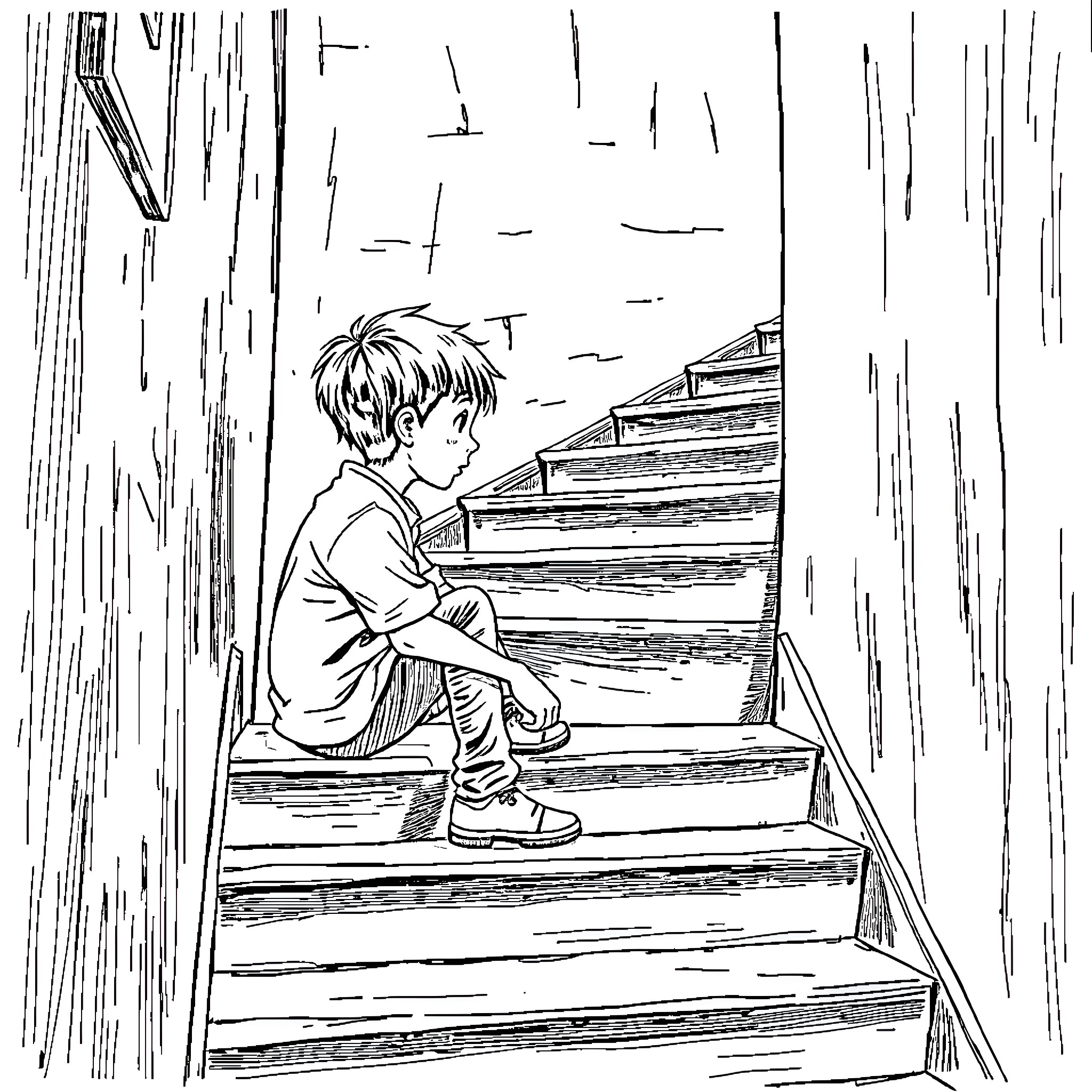 Boy sitting alone on steps in dark alley Coloring Page (free black-and-white line drawing printable PDF for all, from beginners to advanced learners, including children, teens, adults, and seniors)