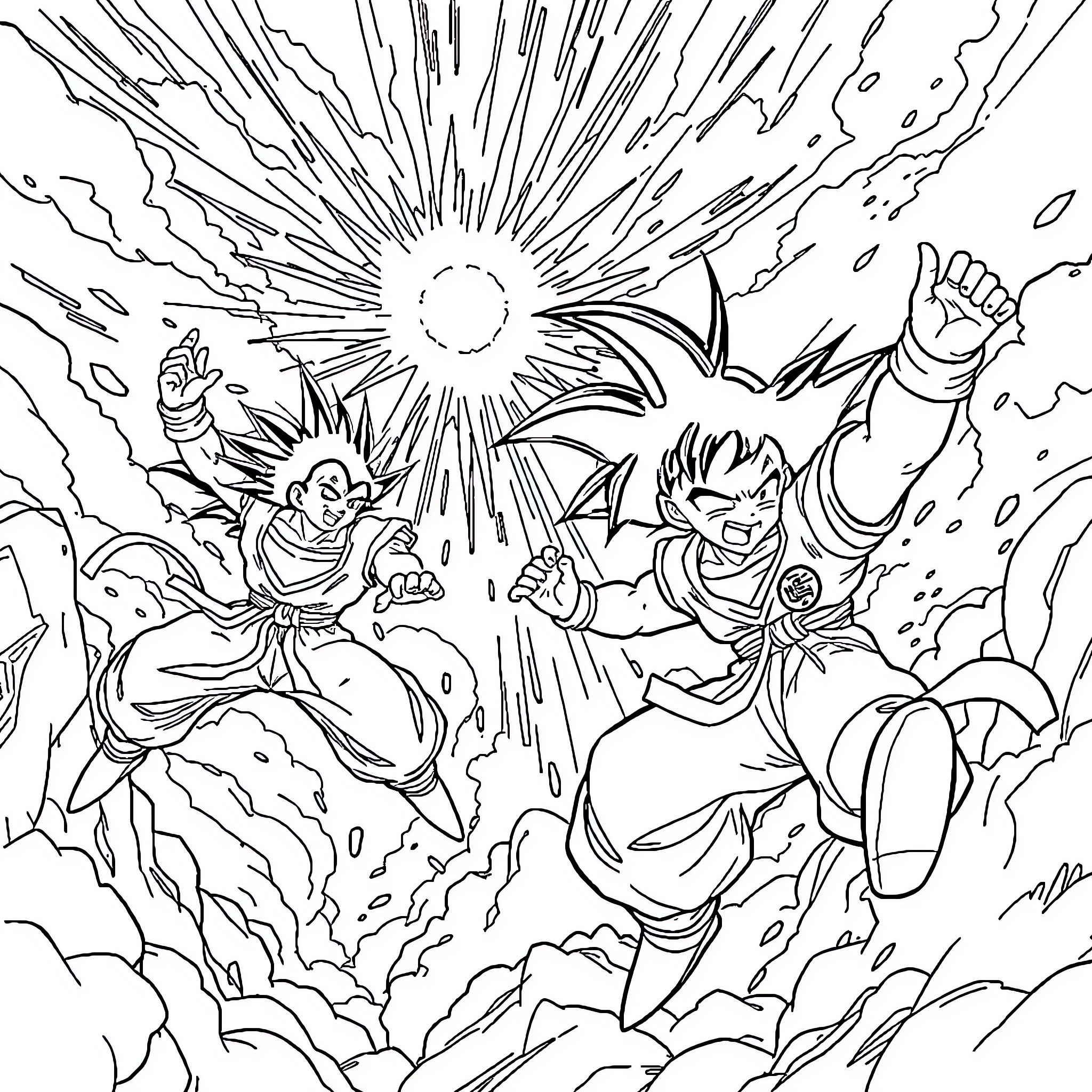 Dragon Ball Z intense battle in the sky Coloring Page (free black-and-white line drawing printable PDF for all, from beginners to advanced learners, including children, teens, adults, and seniors)