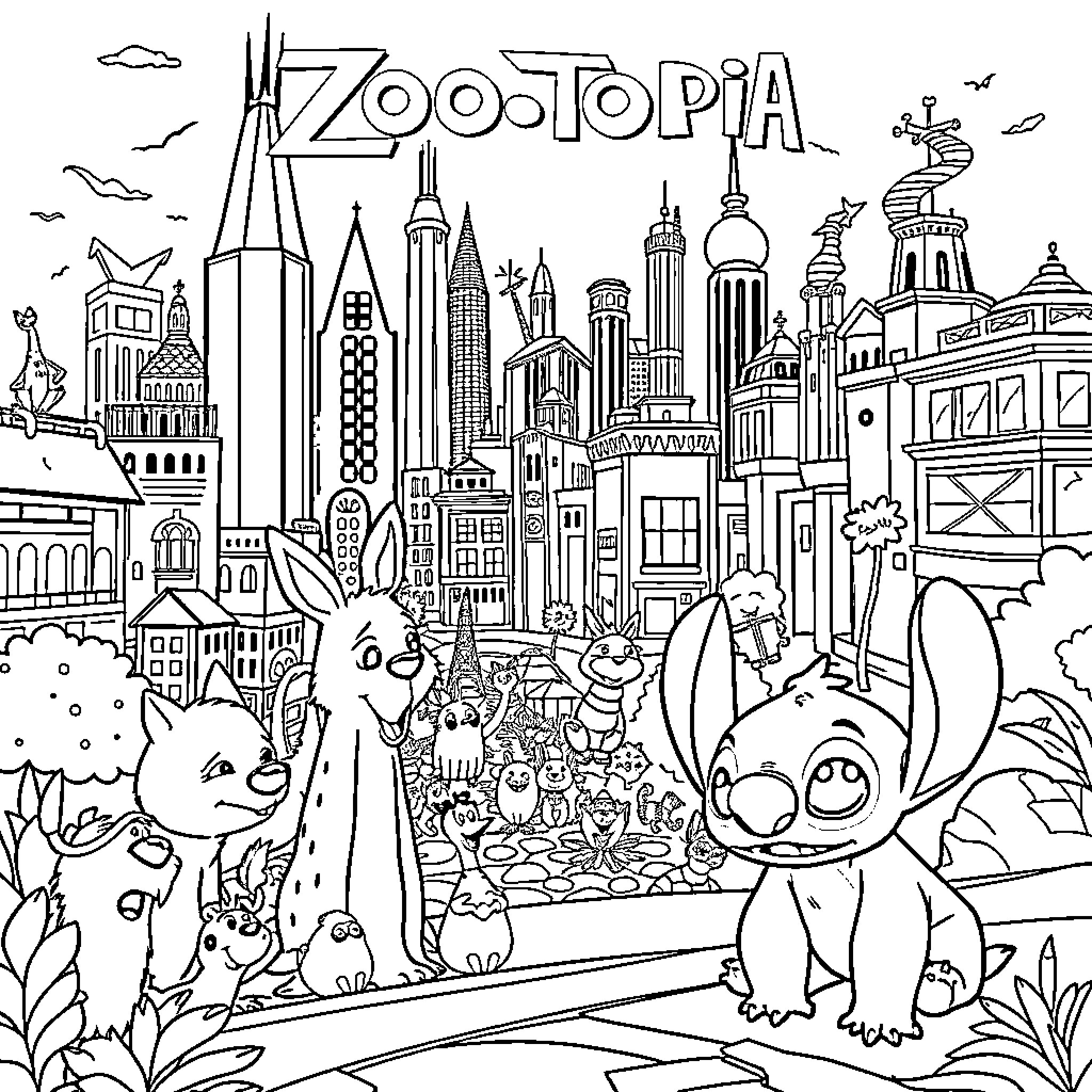 Zootopia: Characters Exploring the Vibrant City Coloring Page (free black-and-white line drawing printable PDF for all, from beginners to advanced learners, including children, teens, adults, and seniors)