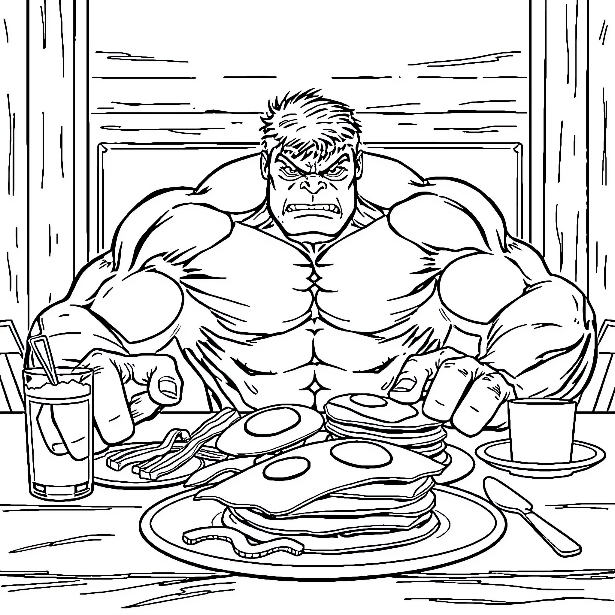 Hulk Feasting Furiously on a Hearty Meal Coloring Page (free black-and-white line drawing printable PDF for all, from beginners to advanced learners, including children, teens, adults, and seniors)
