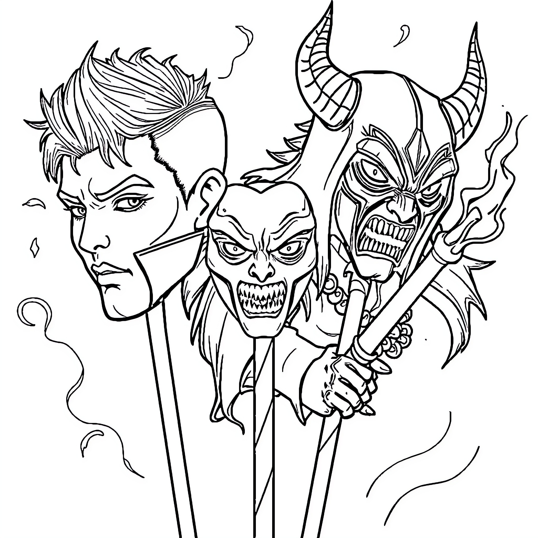 K-POP Demon Hunter: Fierce Expressions and Intense Imagery Coloring Page (free black-and-white line drawing printable PDF for all, from beginners to advanced learners, including children, teens, adults, and seniors)