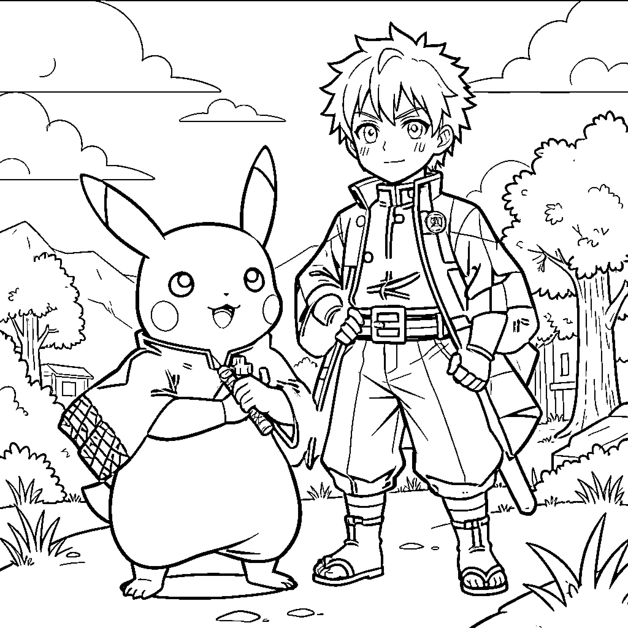 Pikachu standing bravely alongside a young ninja adventurer Coloring Page (free black-and-white line drawing printable PDF for all, from beginners to advanced learners, including children, teens, adults, and seniors)