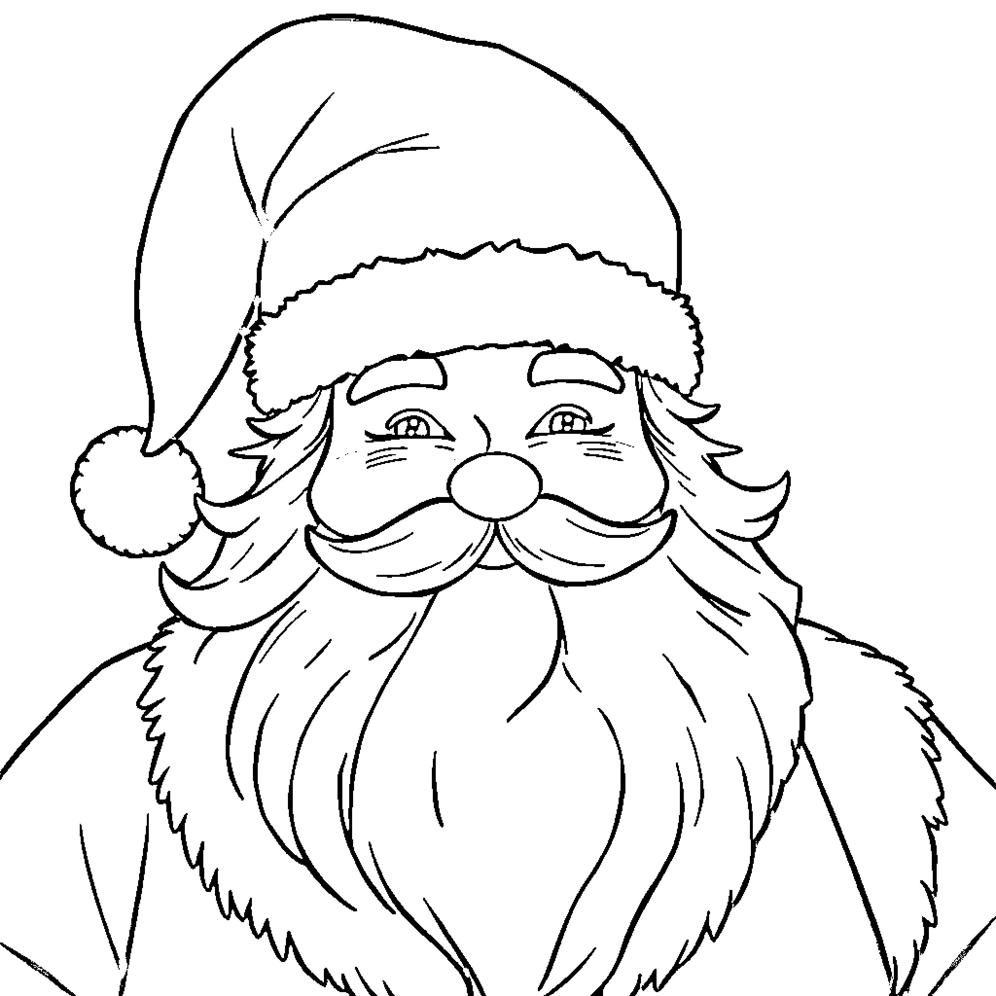 Santa's Joyful Expression Coloring Page (free black-and-white line drawing printable PDF for all, from beginners to advanced learners, including children, teens, adults, and seniors)