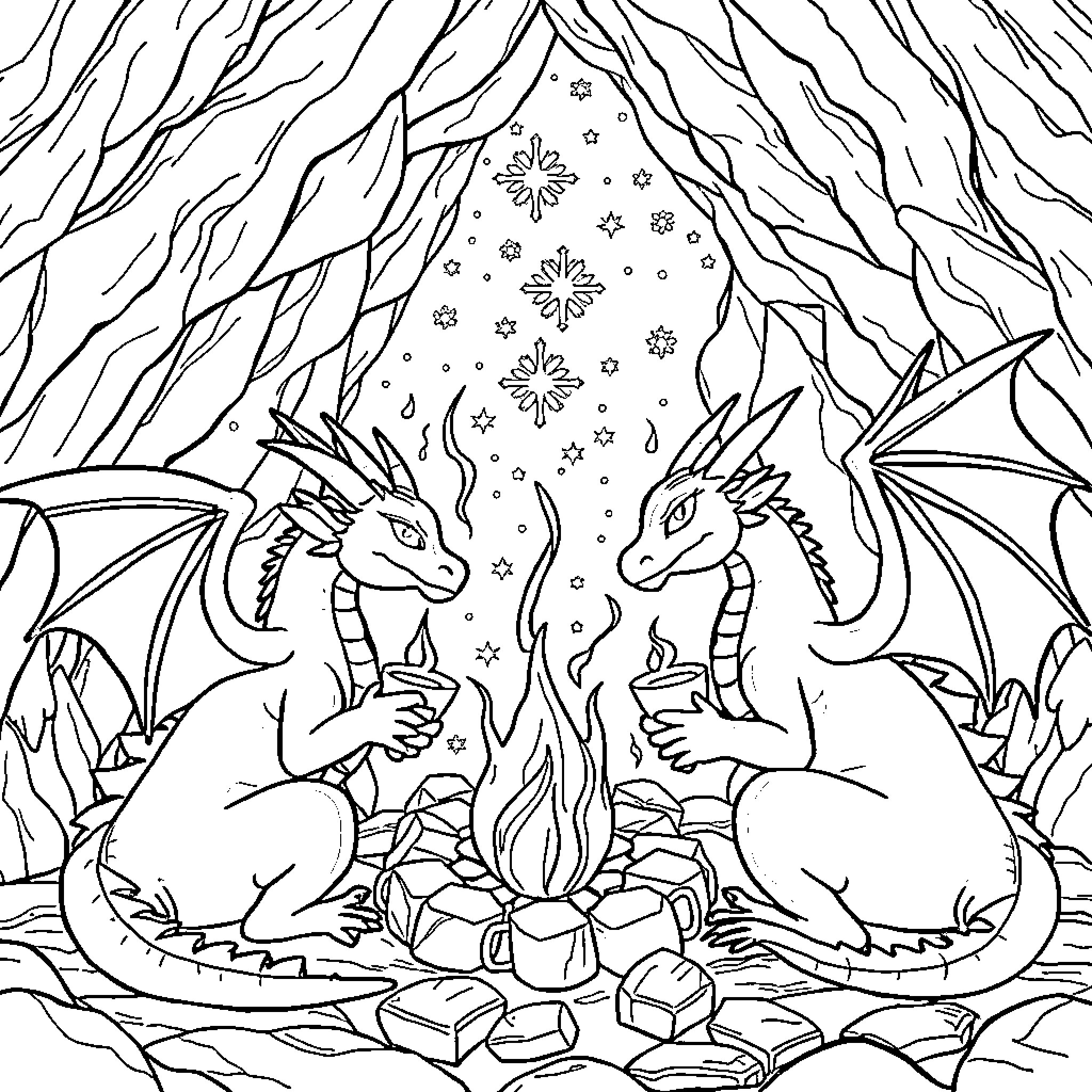 Dragons enjoying a cozy campfire in the forest Coloring Page (free black-and-white line drawing printable PDF for all, from beginners to advanced learners, including children, teens, adults, and seniors)