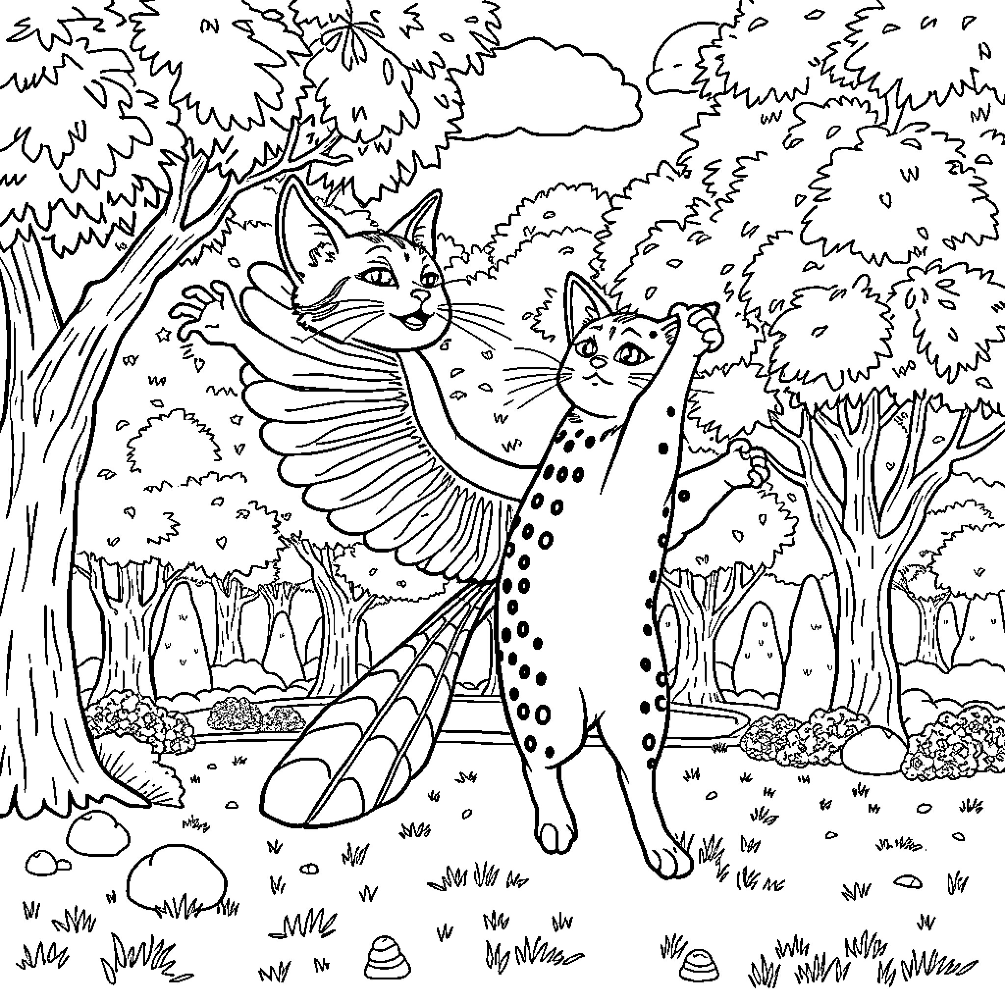 CataLeya's Magical Forest Adventure Coloring Page (free black-and-white line drawing printable PDF for all, from beginners to advanced learners, including children, teens, adults, and seniors)