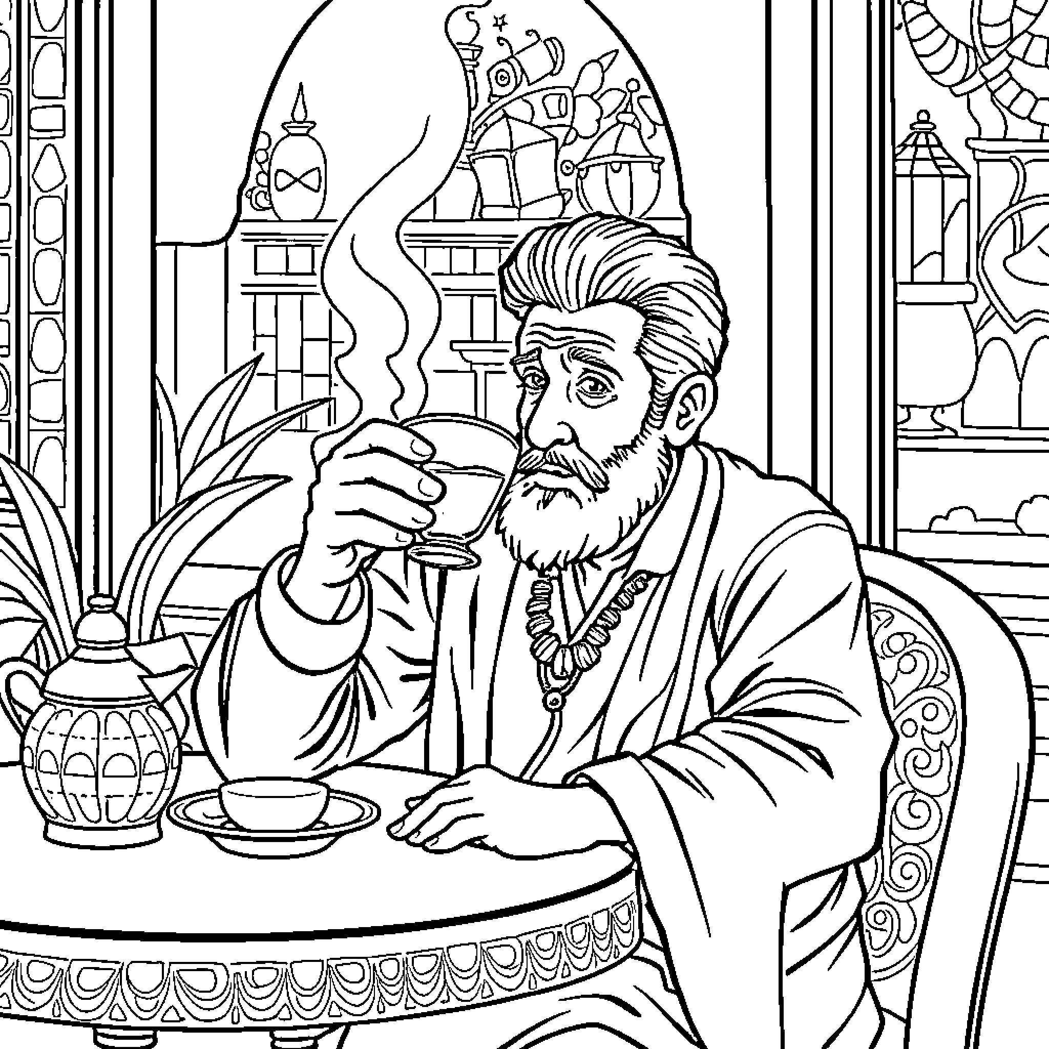 Gojo sitting at a table drinking hot tea Coloring Page (free black-and-white line drawing printable PDF for all, from beginners to advanced learners, including children, teens, adults, and seniors)