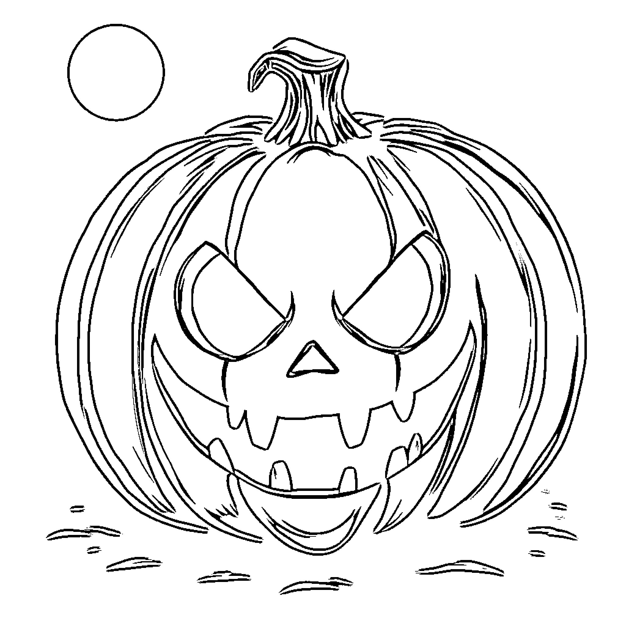 Pumpkin with a Mischievous Jack-o'-Lantern Face Coloring Page (free black-and-white line drawing printable PDF for all, from beginners to advanced learners, including children, teens, adults, and seniors)