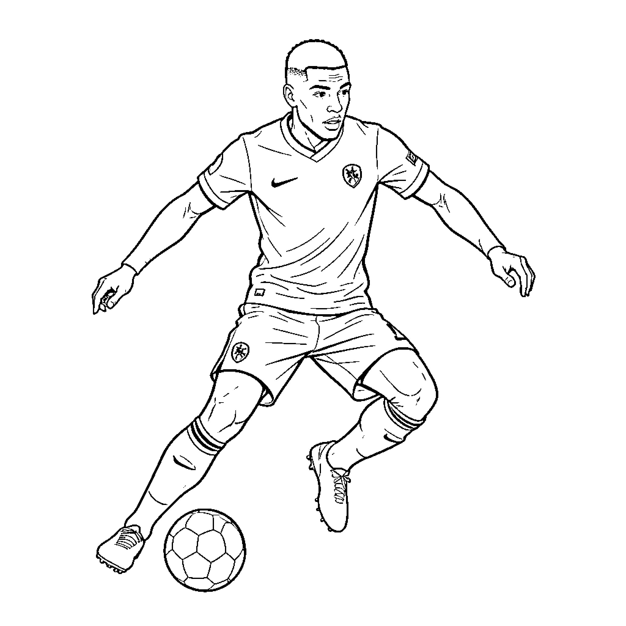 Mbappe dribbling a soccer ball on the field Coloring Page (free black-and-white line drawing printable PDF for all, from beginners to advanced learners, including children, teens, adults, and seniors)