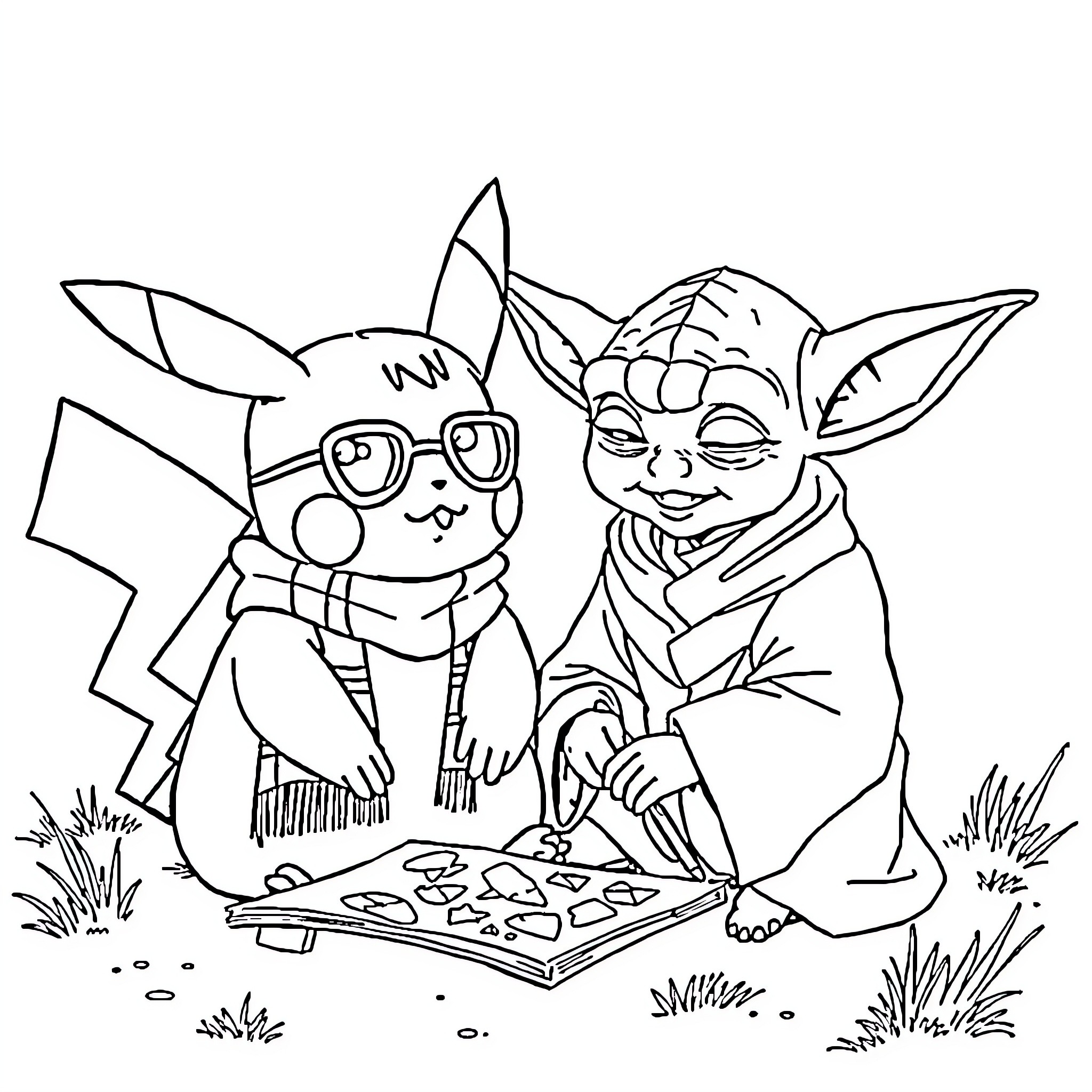 Pikachu and Yoda Studying Together Outdoors Coloring Page (free black-and-white line drawing printable PDF for all, from beginners to advanced learners, including children, teens, adults, and seniors)