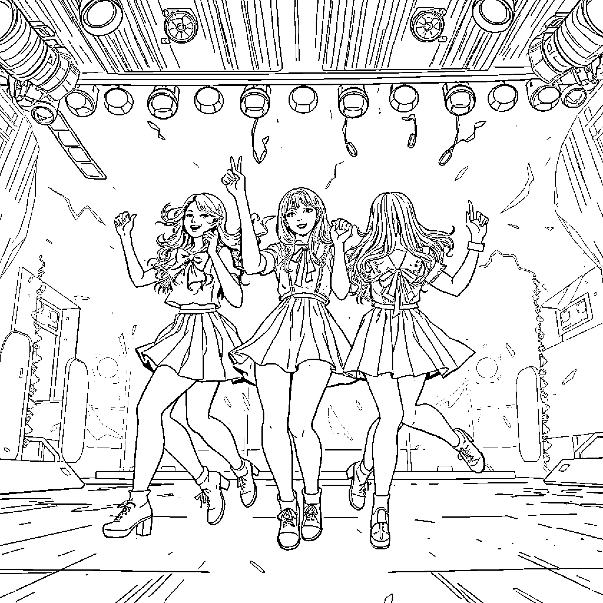 Kpop Girls Performing on Stage with Lively Expressions Coloring Page (free black-and-white line drawing printable PDF for all, from beginners to advanced learners, including children, teens, adults, and seniors)